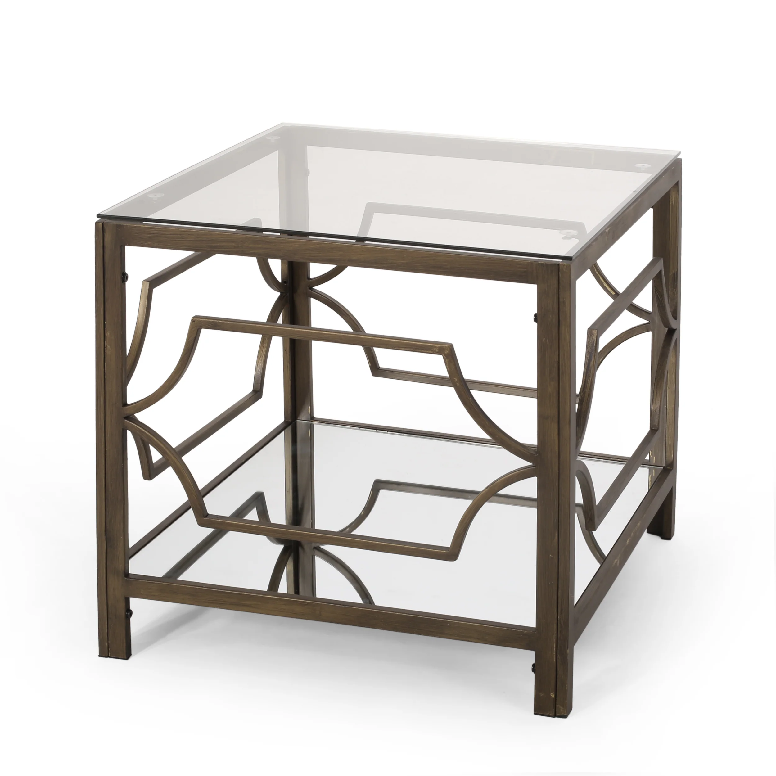 Powelton Cadley Modern Glam Mirrored End Table with Glass Top, Black Gold - furnishings