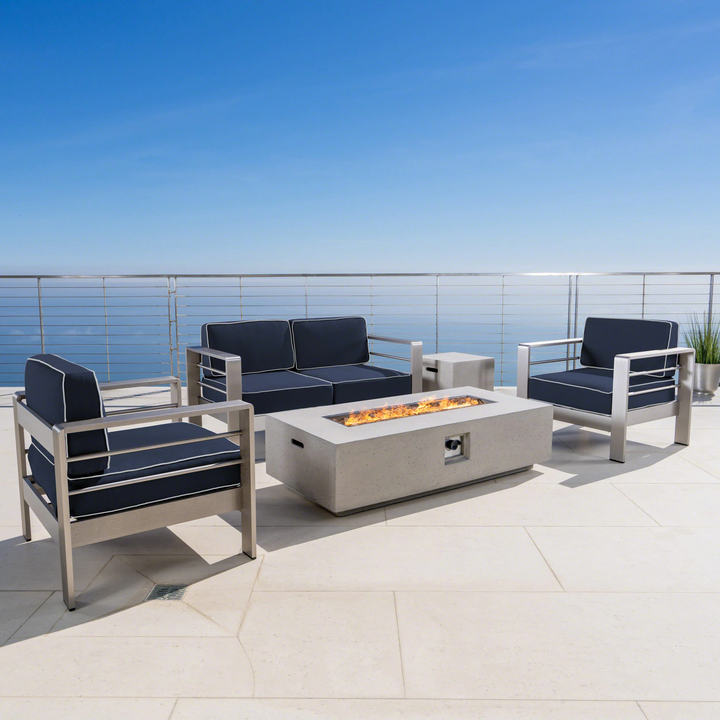 Crested Bay 5pc Modern Outdoor Aluminum Sofa & Chairs Set With Fire Pit - furnishings
