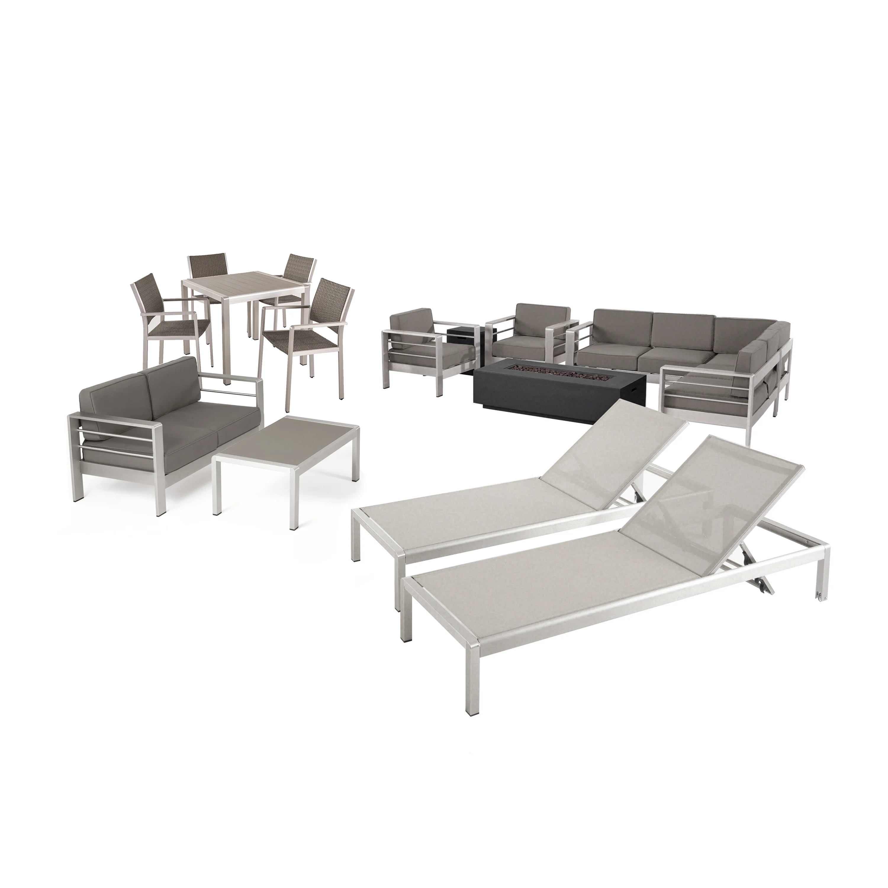 Cherie Outdoor Estate Collection with Fire Pit and Faux Wood Top Dining Table - furnishings