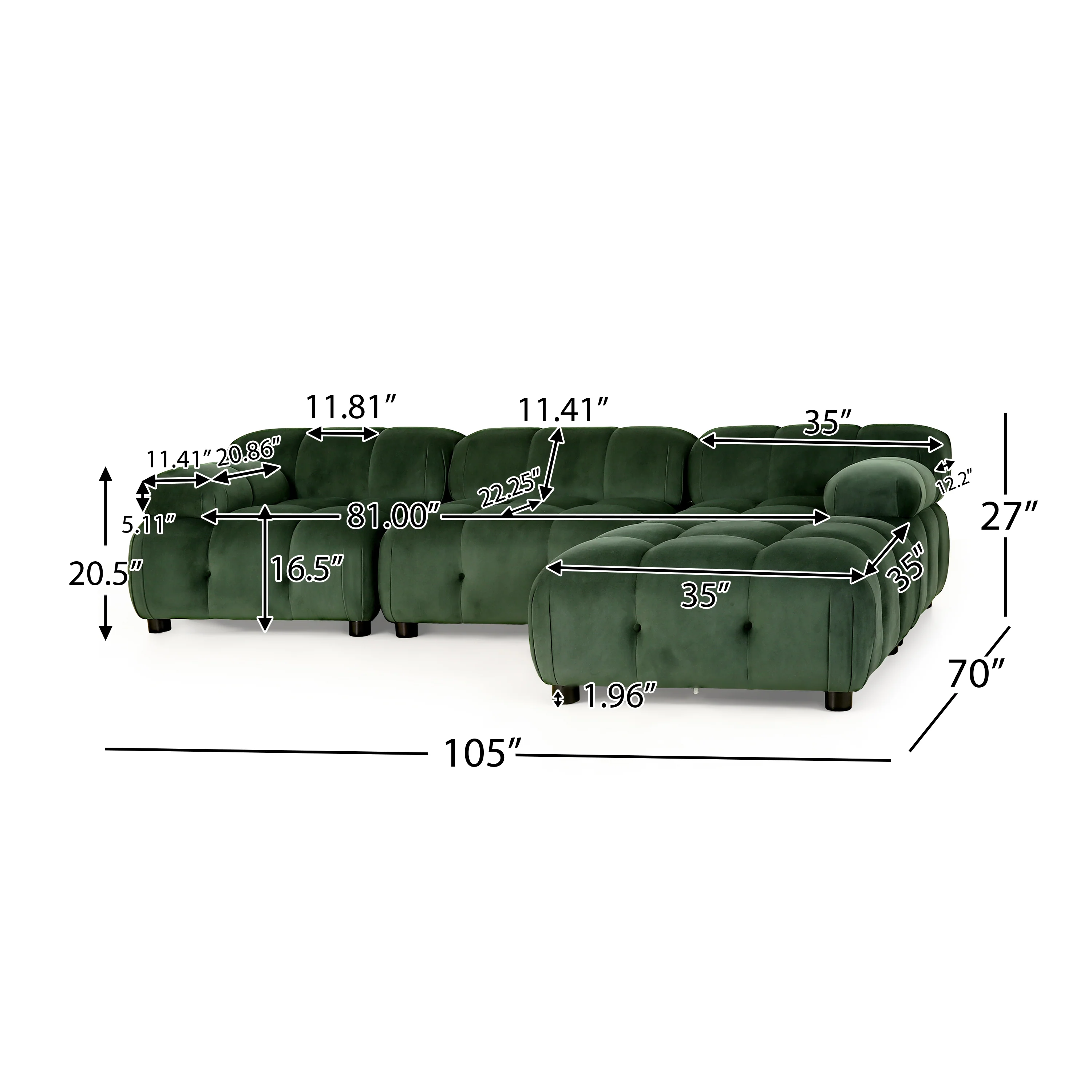 Kildare Velvet 3 Seater Modular Tufted Sectional - furnishings