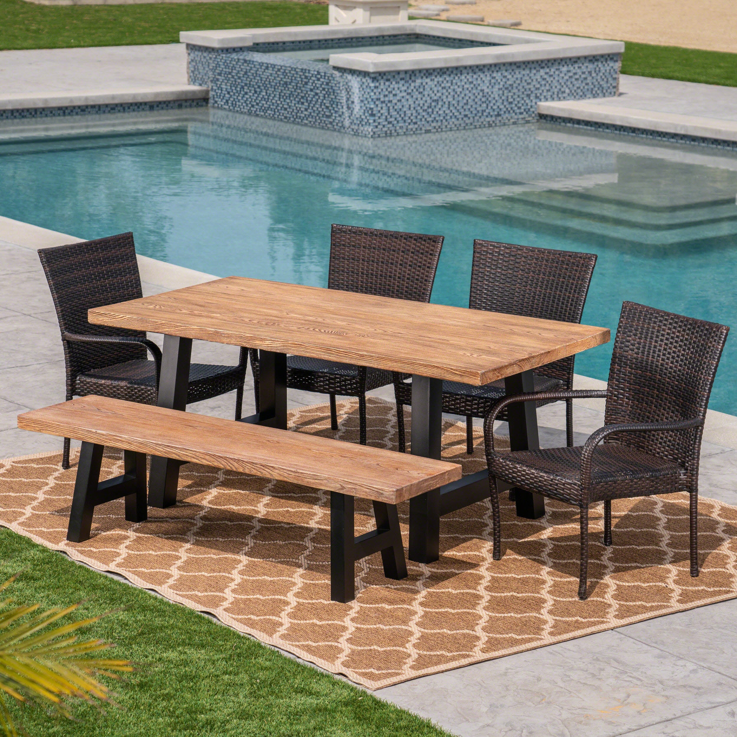 Allison Outdoor 6-Piece Stacking Wicker and Concrete Lightweight Dining Set with Natural Oak Finish in Multibrown - furnishings