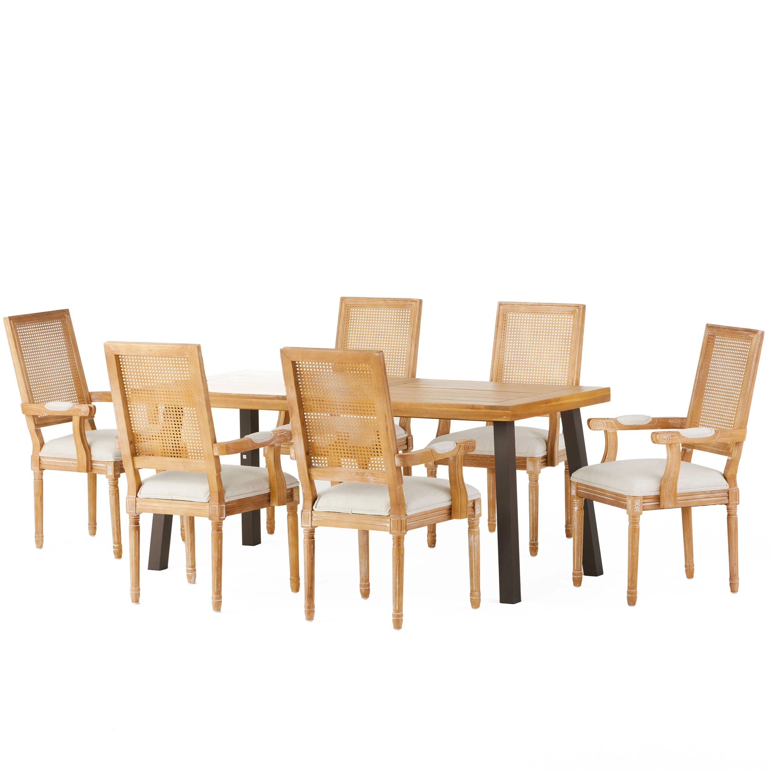 Marten Farmhouse Fabric Upholstered Wood and Cane 7 Piece Dining Set - furnishings