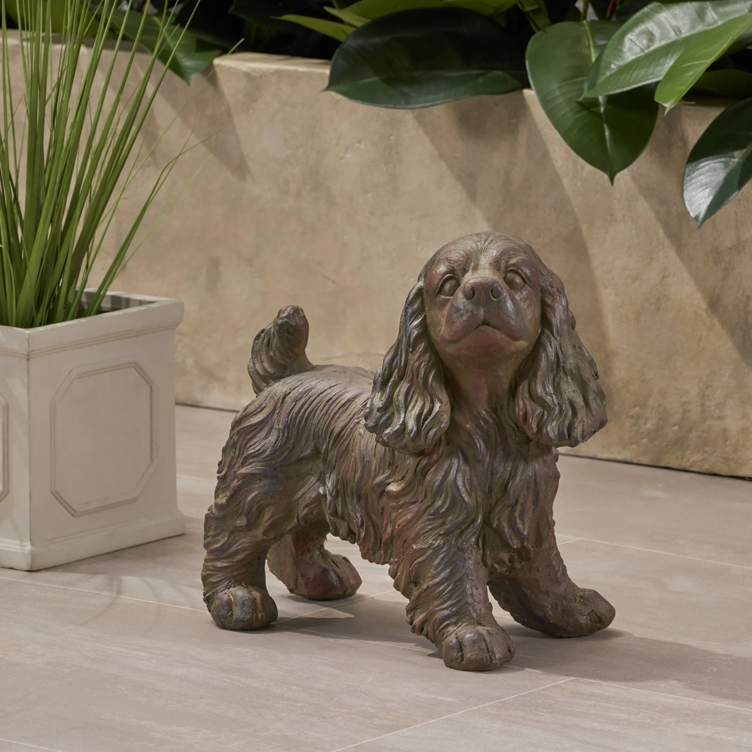 Messiah Outdoor Cocker Spaniel Dog Garden Statue, Brown Finish - furnishings