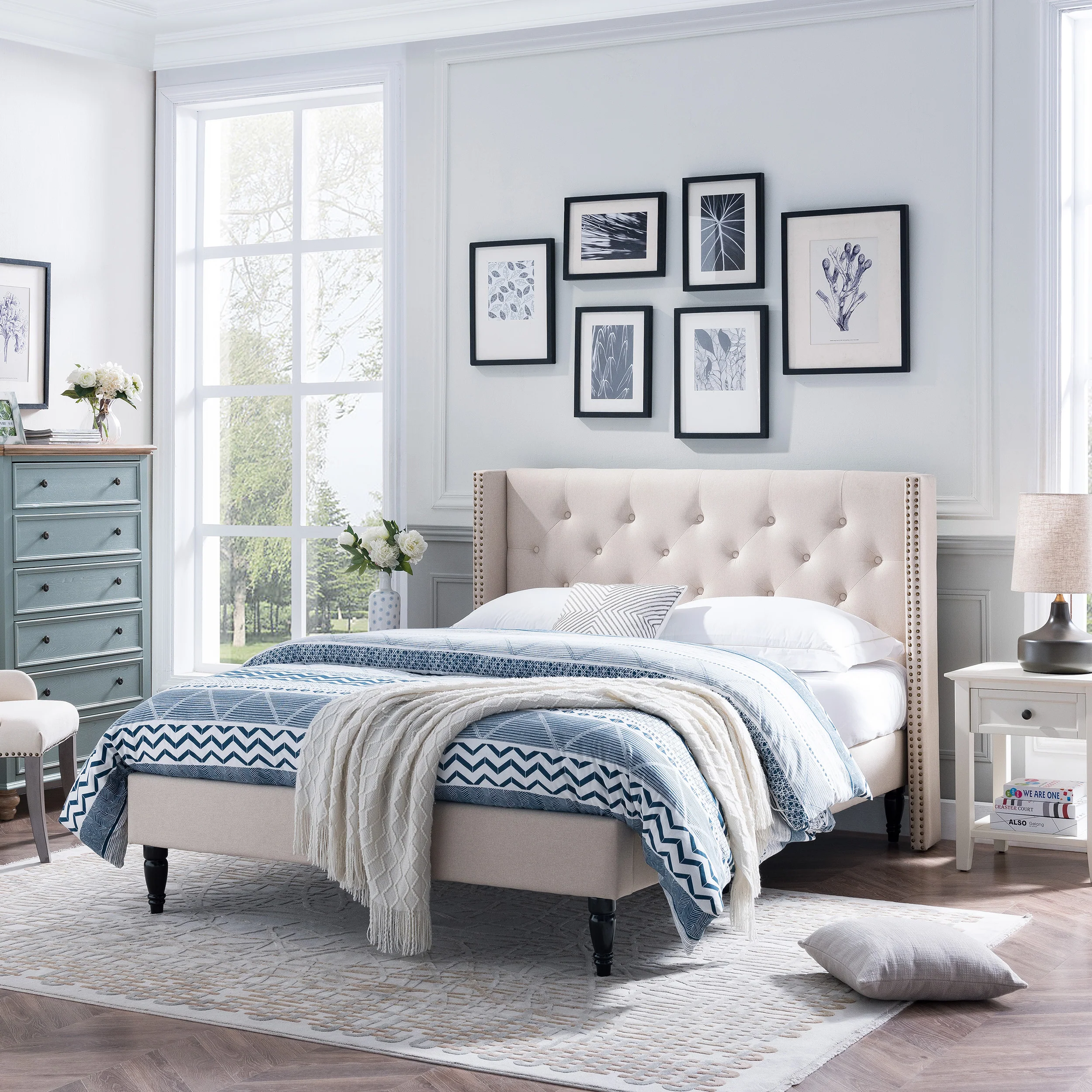Ray Contemporary Rhinestone-Tufted Wingback Bed Frame with Nailhead Trim - furnishings