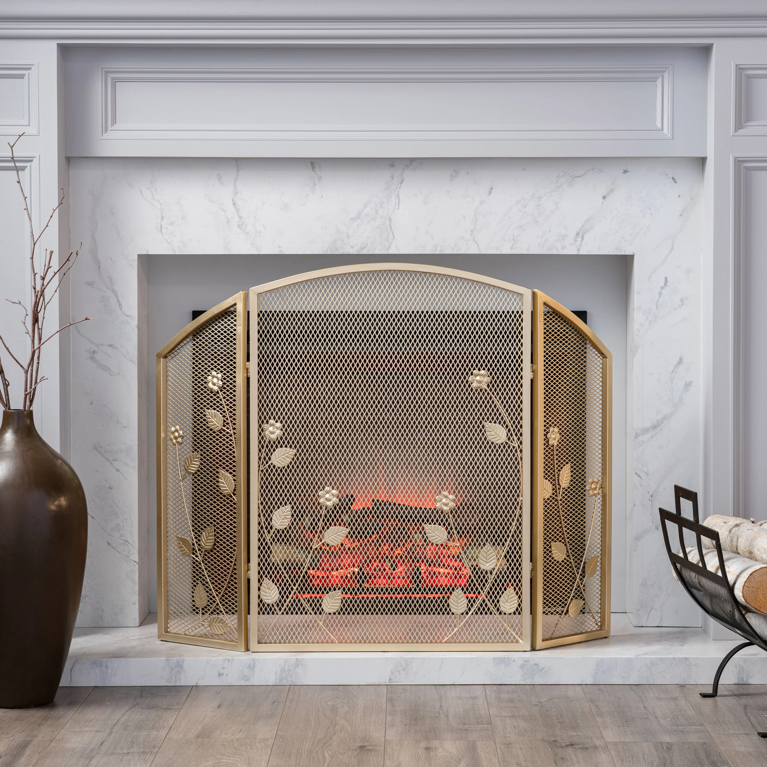 Jenna Modern Iron Firescreen with Leaf Accents - furnishings