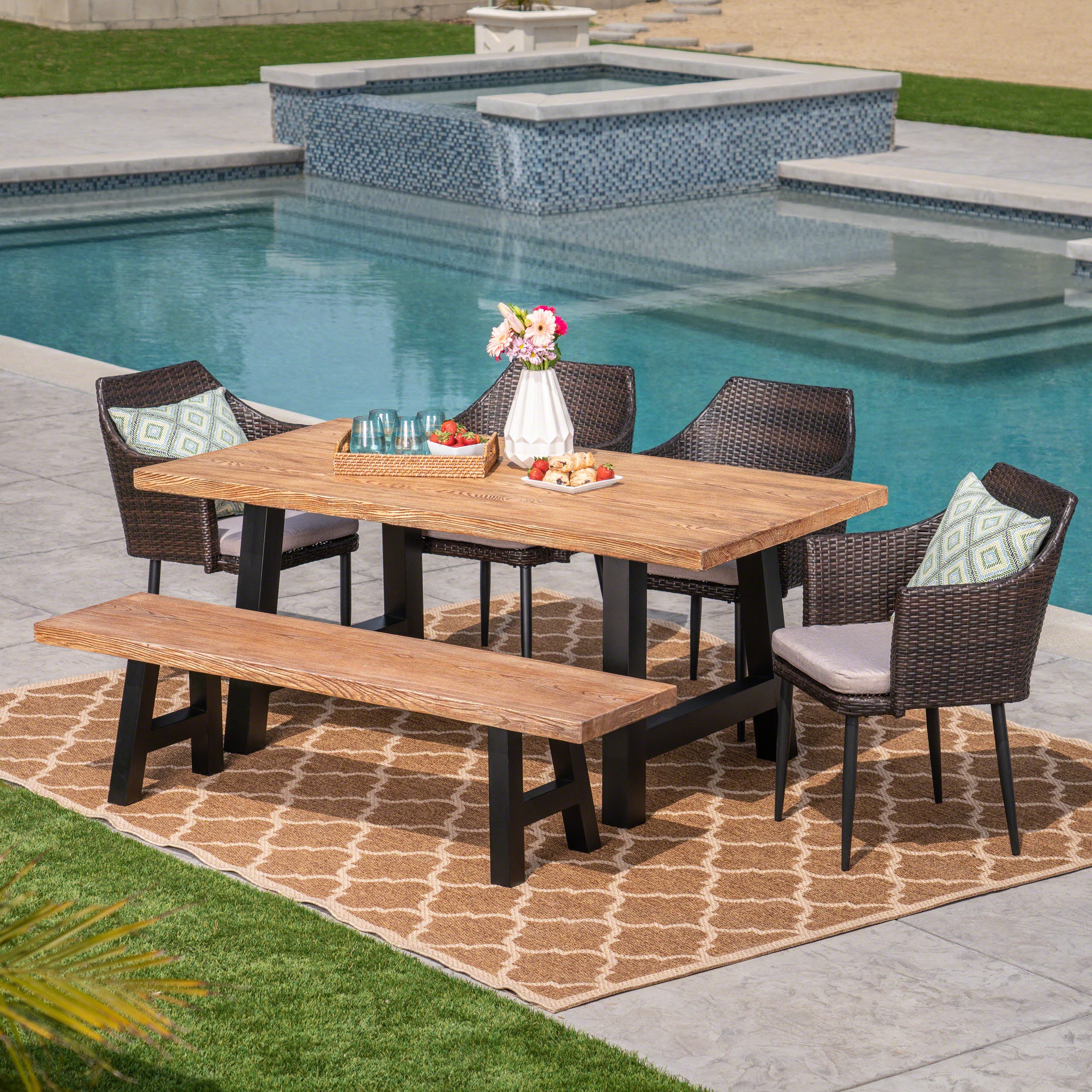 Blanche Outdoor 6 Piece Multibrown Wicker Dining Set with Natural Oak Finish Light Weight Concrete Table and Bench and Textured Beige Water Resistant Cushions - furnishings