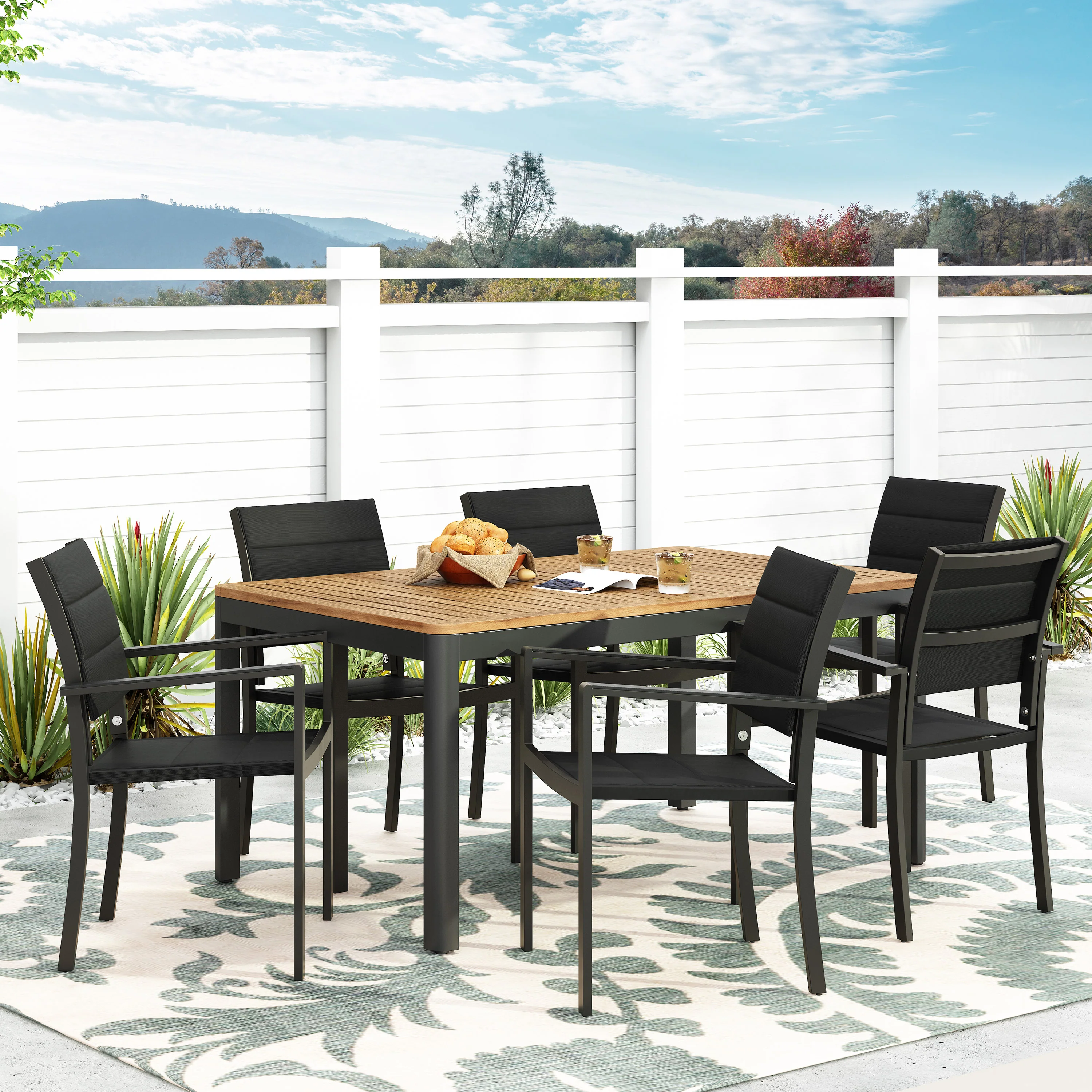 Starla Outdoor Mesh and Aluminum 7 Piece Dining Set, Black and Natural - furnishings