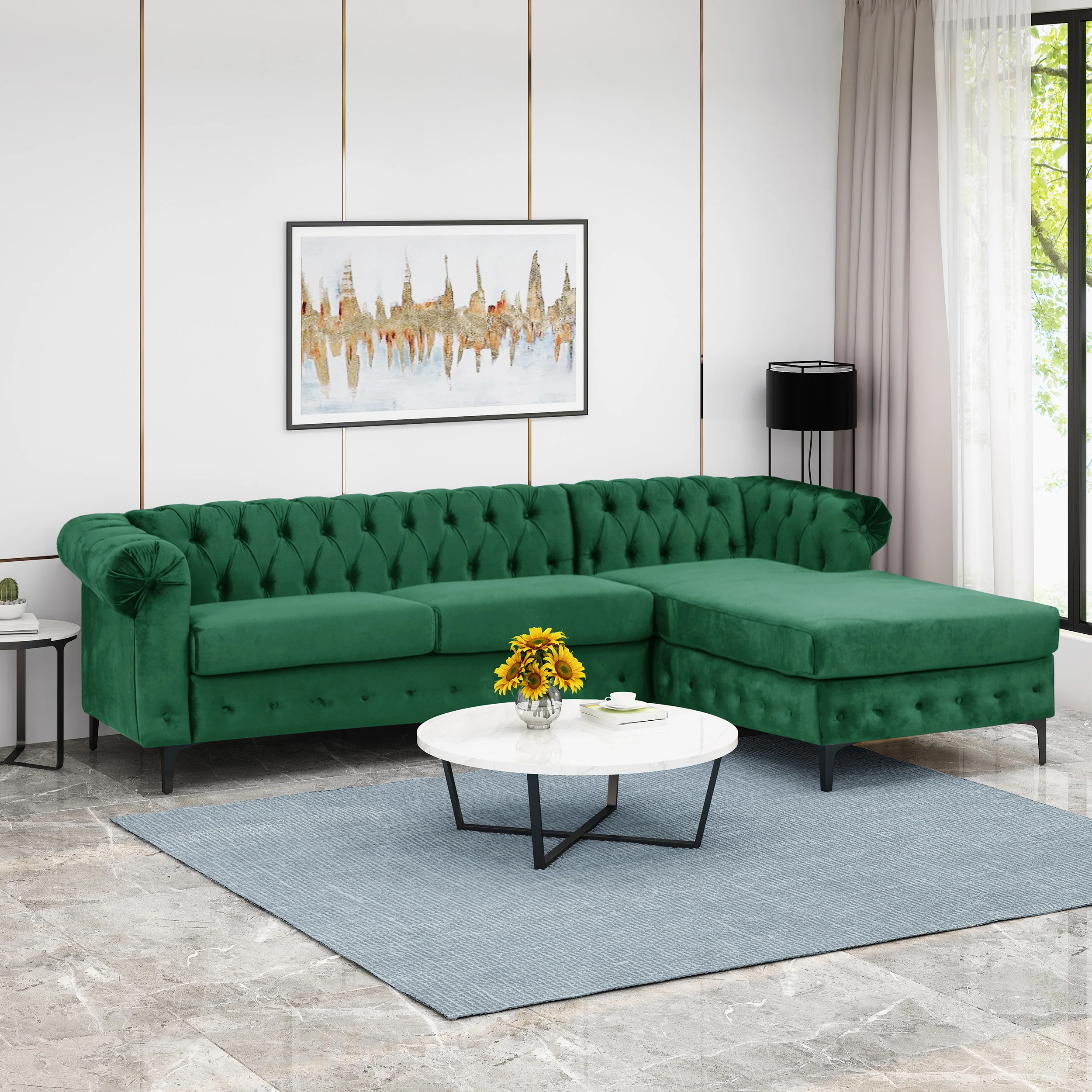 Juelz Contemporary Velvet 3 Seater Sectional Sofa with Chaise Lounge - furnishings