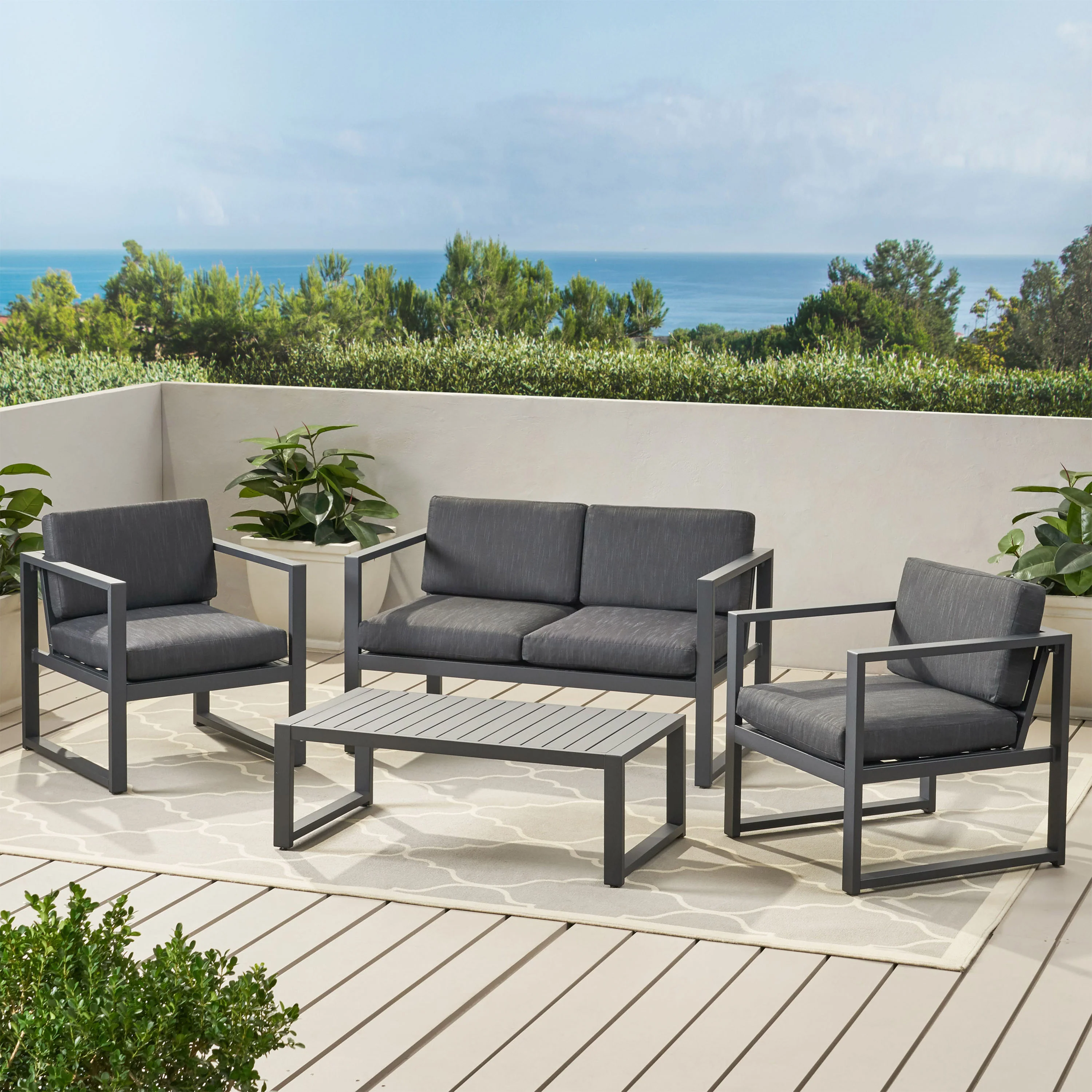 Nealie Modern Outdoor 4-Piece Dark Gray Aluminum Chat Set with Cushions - furnishings