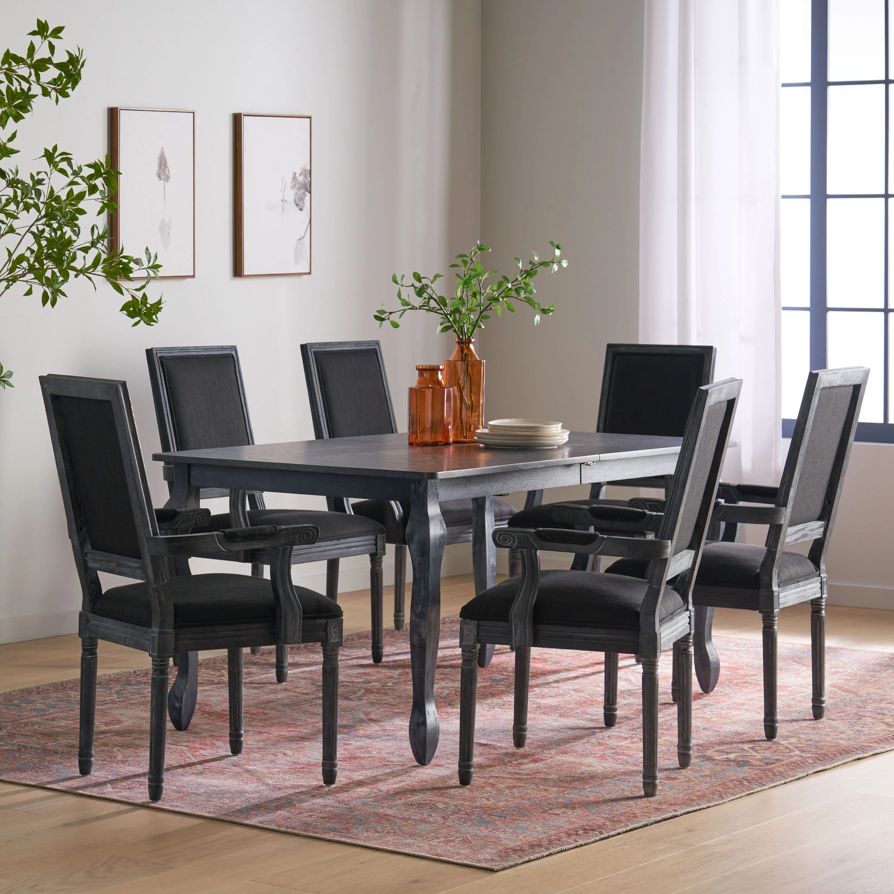 Regan French Country Fabric Upholstered Wood Expandable 7 Piece Dining Set - furnishings