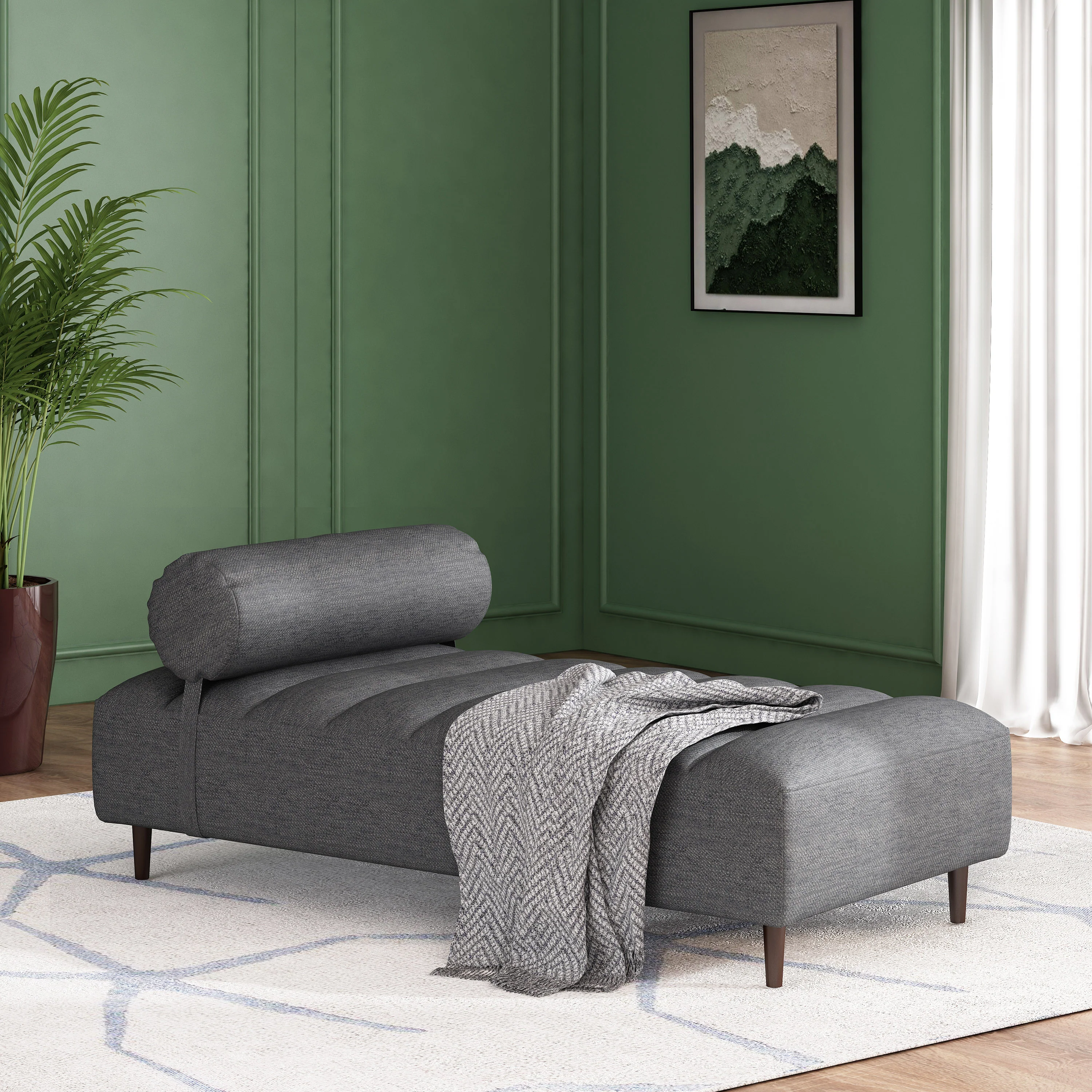Holmwood Mid Century Modern Fabric Tufted Chaise Lounge with Bolster Pillow - furnishings