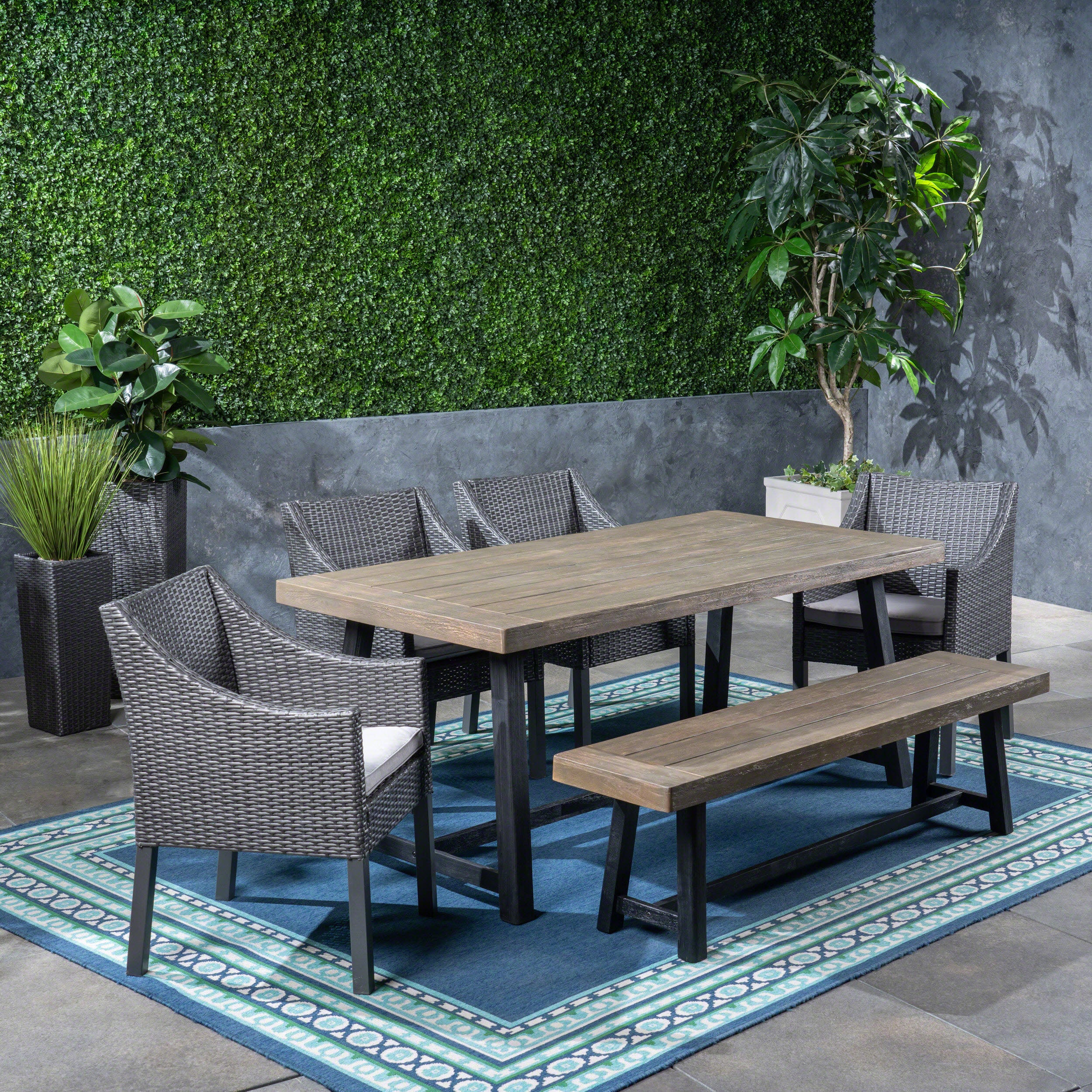 Anniston Outdoor 6 Piece Dining Set with Wicker Chairs and Bench - furnishings