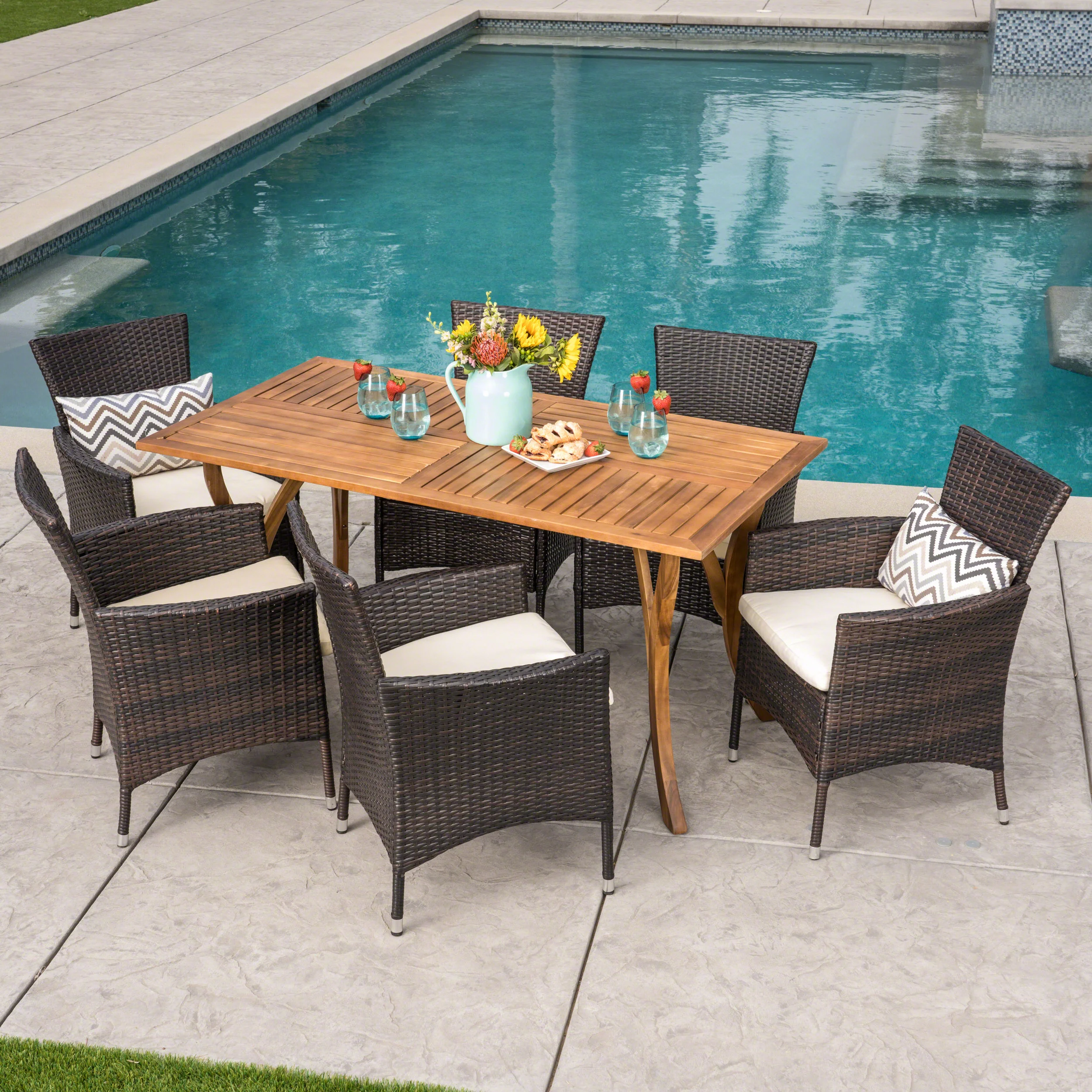 Karly Outdoor 6 Seater Wood & Wicker Dining Set with Cushions - furnishings
