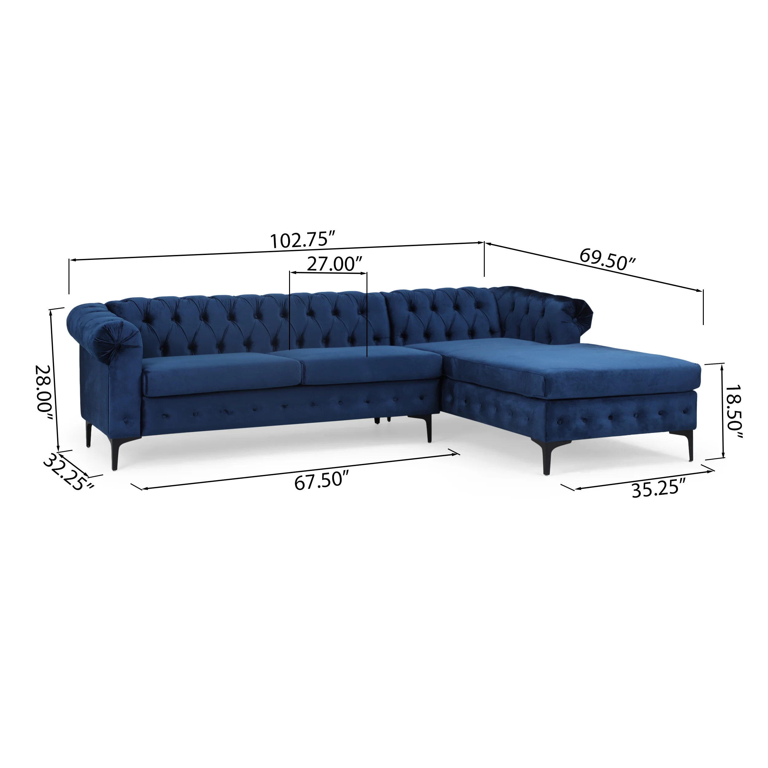 Juelz Contemporary Velvet 3 Seater Sectional Sofa with Chaise Lounge - furnishings
