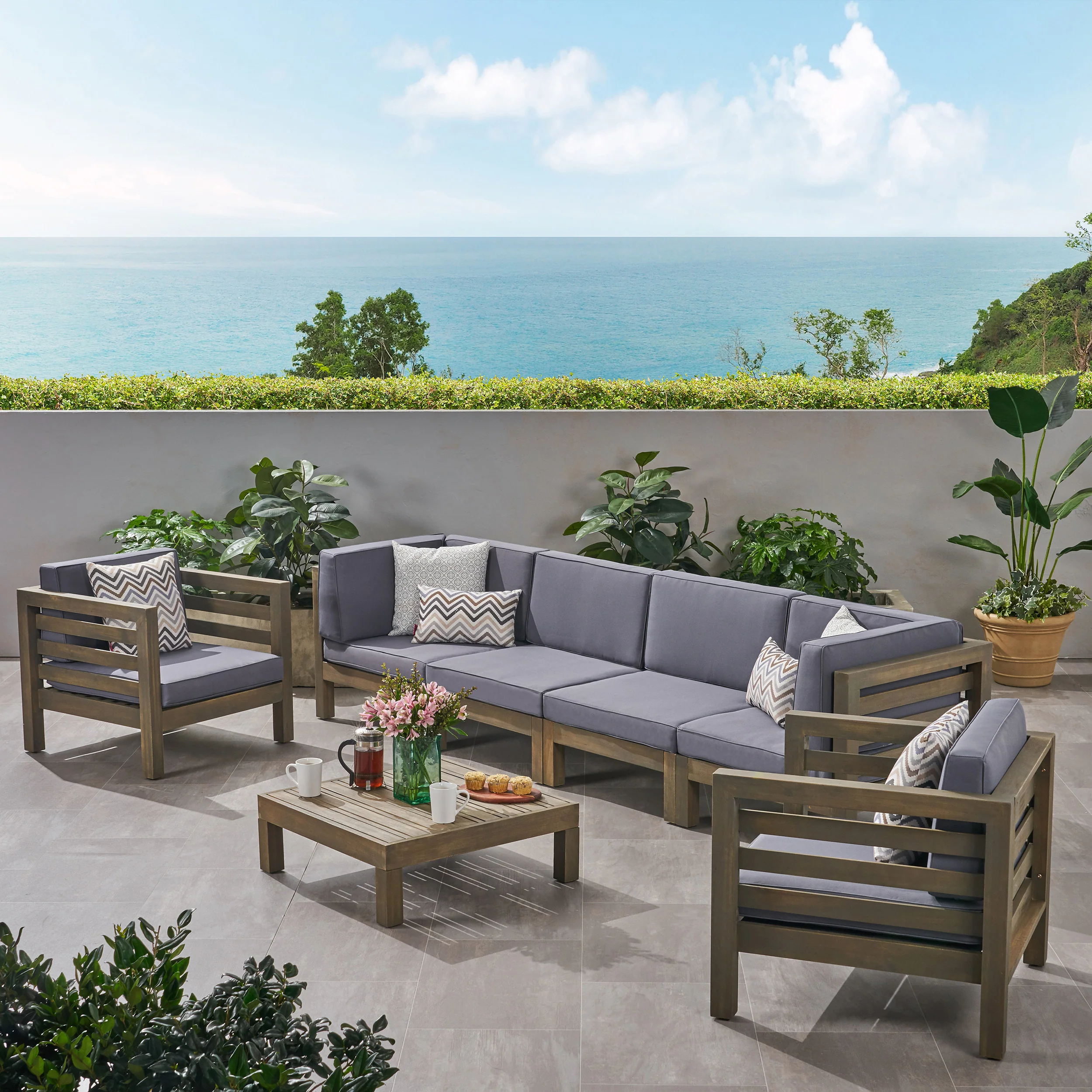 Emma Outdoor 6 Seater Acacia Wood Sofa Chat Set - furnishings