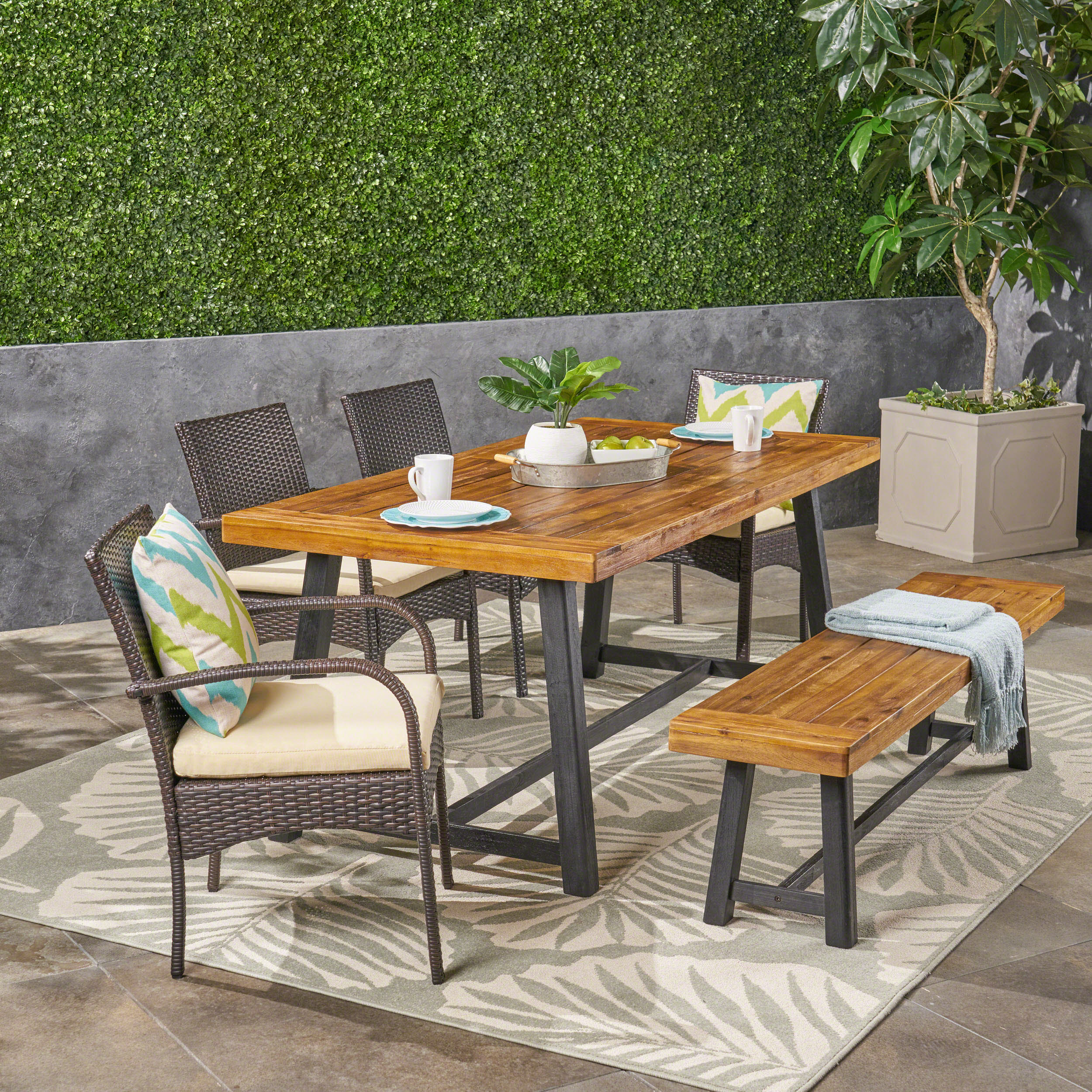 Ross Outdoor 6 Piece Dining Set with Stacking Wicker Chairs and Bench, Sandblast Teak and Black and Multi Brown - furnishings
