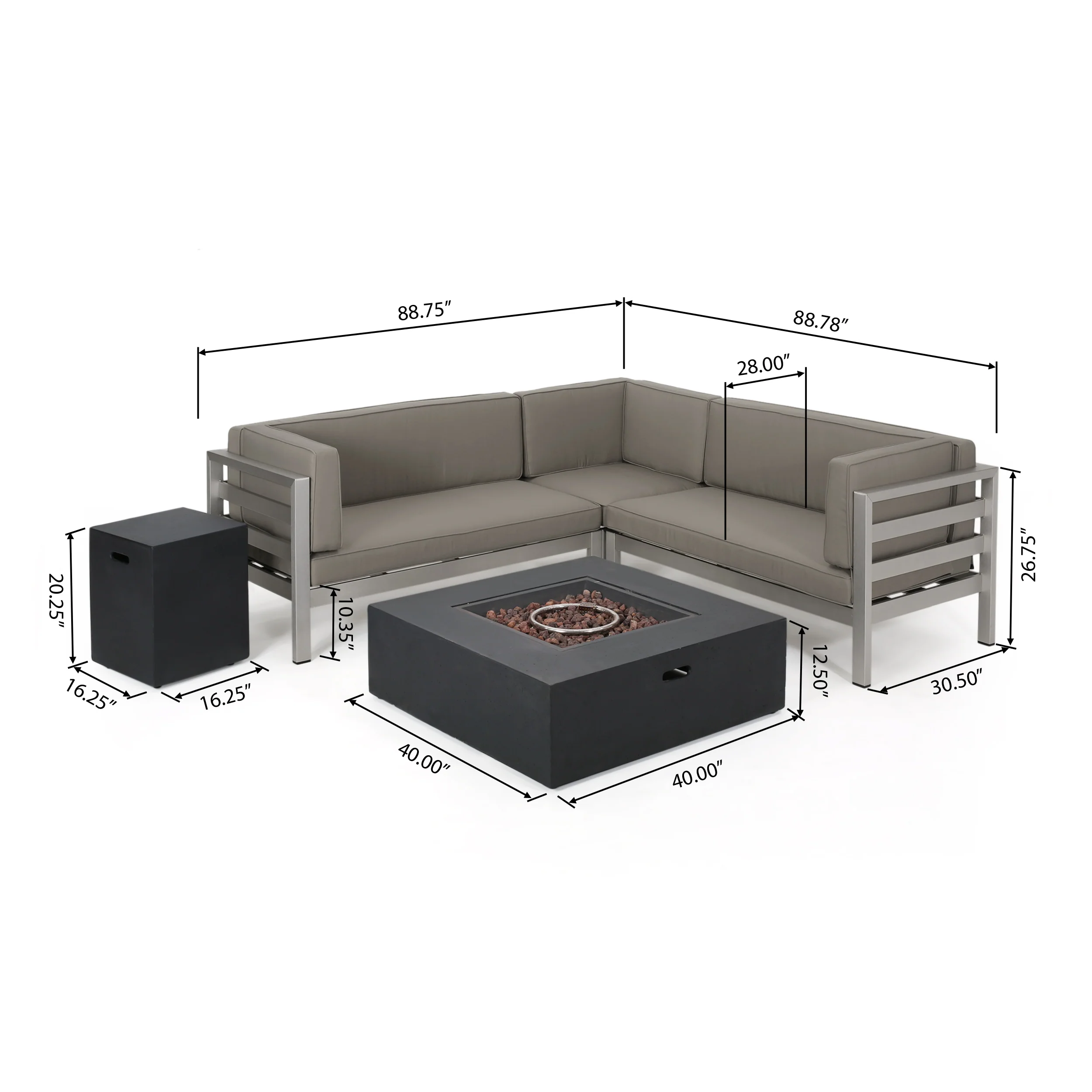 Lompoc Aire Outdoor Modern 5 Seater V-Shaped Sectional Sofa Set with Fire Pit and Tank Holder - furnishings