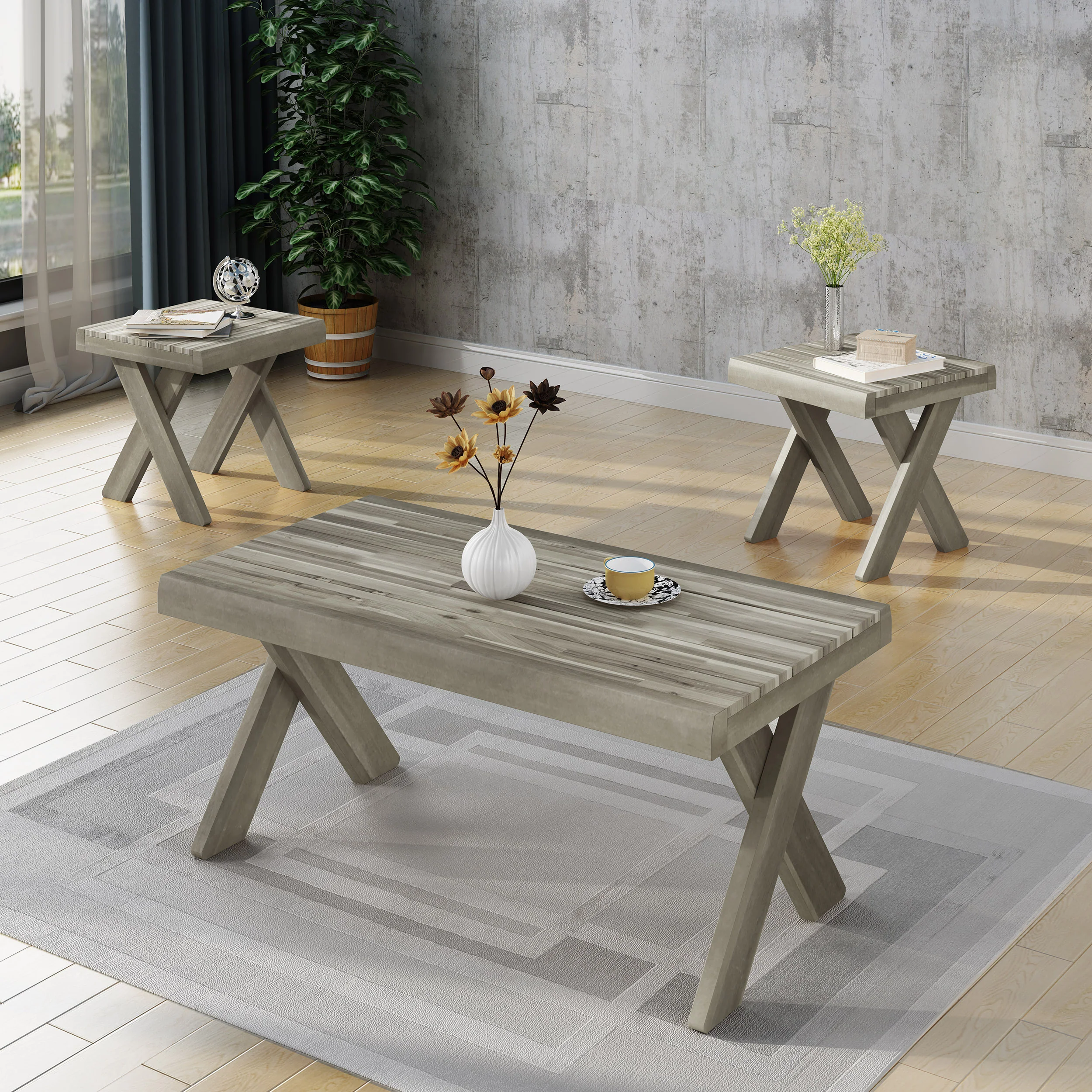 Irene Indoor Farmhouse 3 Piece Acacia Wood Table Set - furnishings