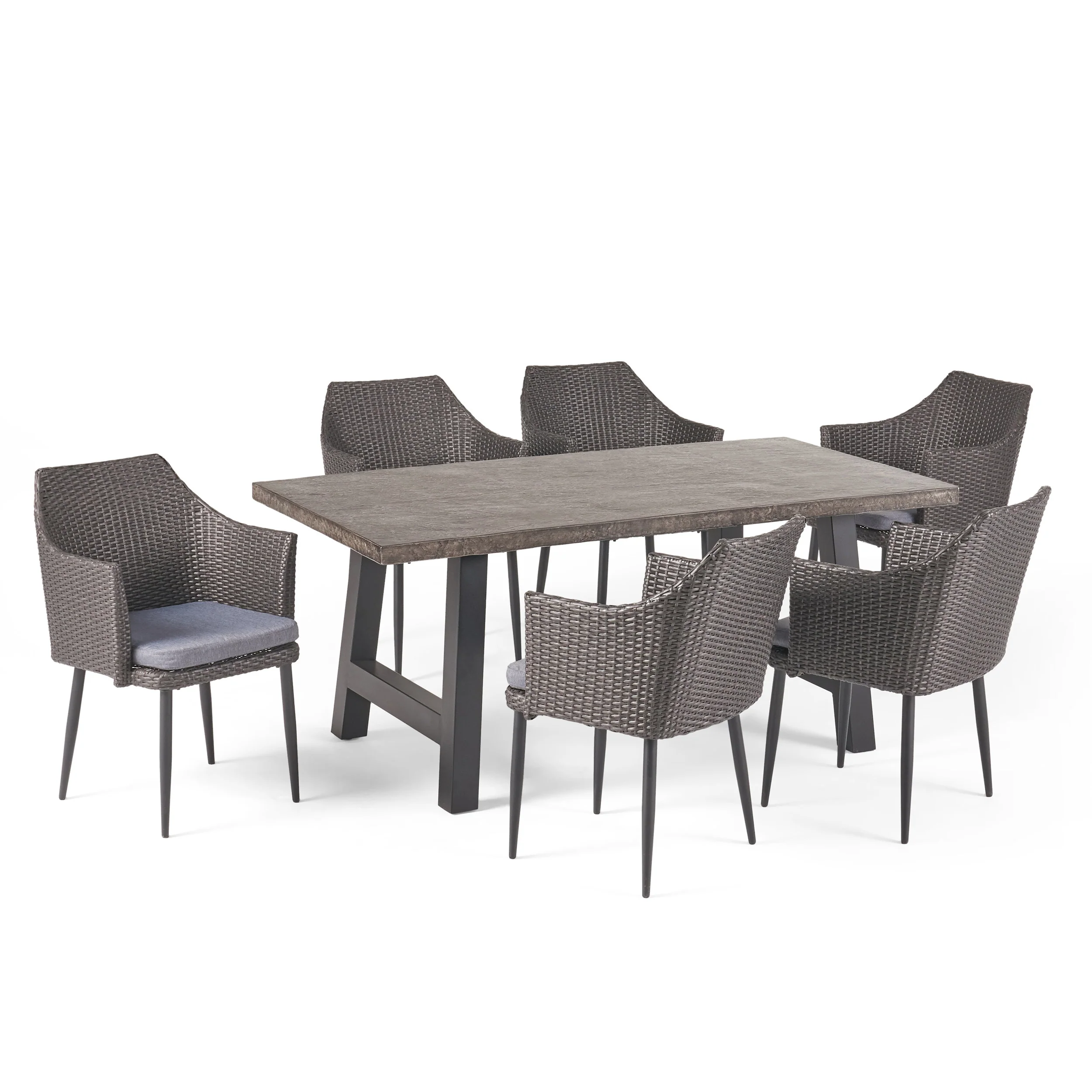 Noah Outdoor 7 Piece Wicker Dining Set with Light Weight Concrete Dining Table - furnishings