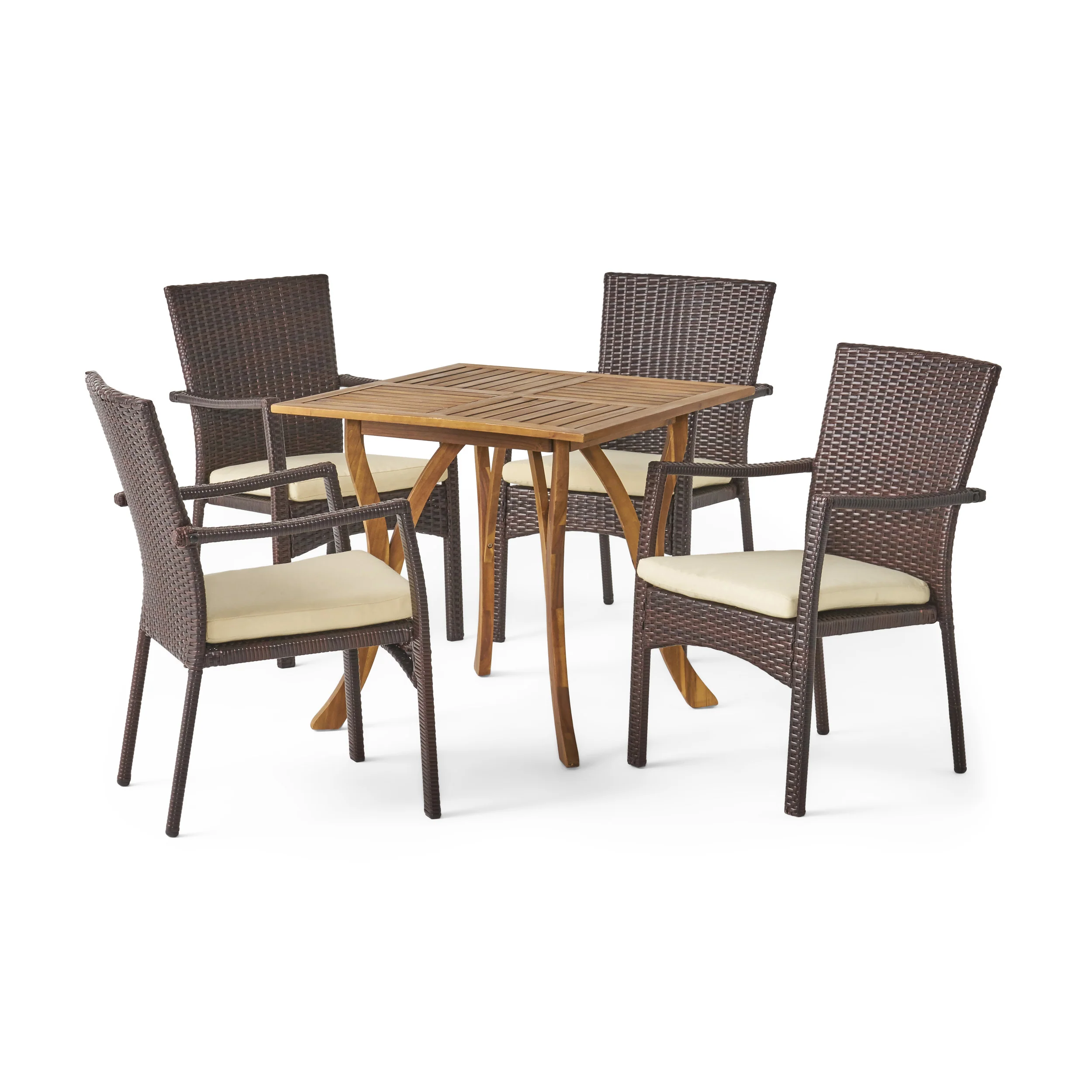 Alva Outdoor 5 Piece Acacia Wood/ Wicker Dining Set with Cushions - furnishings
