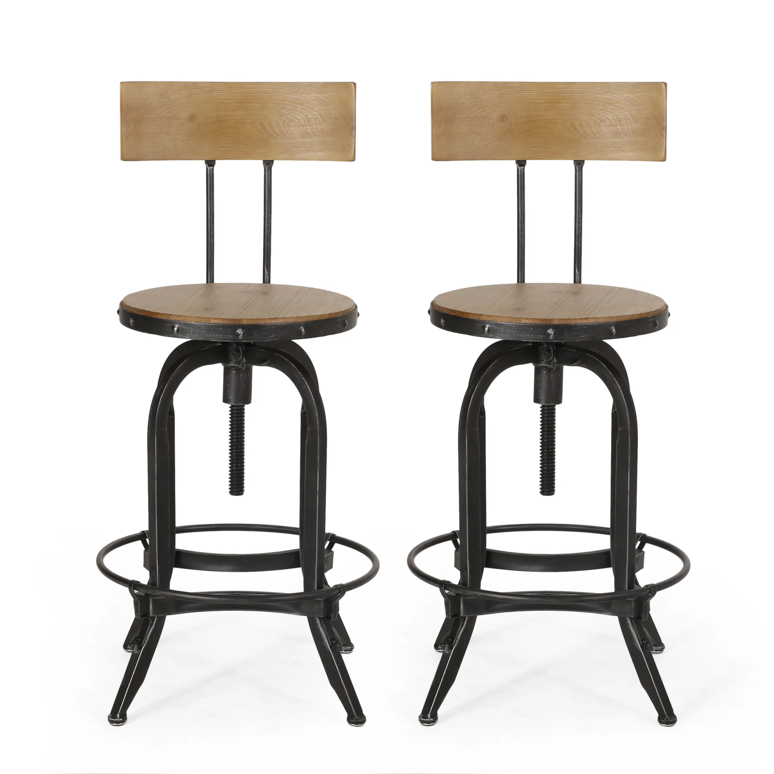 Pineview Modern Industrial Firwood Adjustable Height Swivel Barstools, Set of 2, Natural and Black Brushed Silver - furnishings