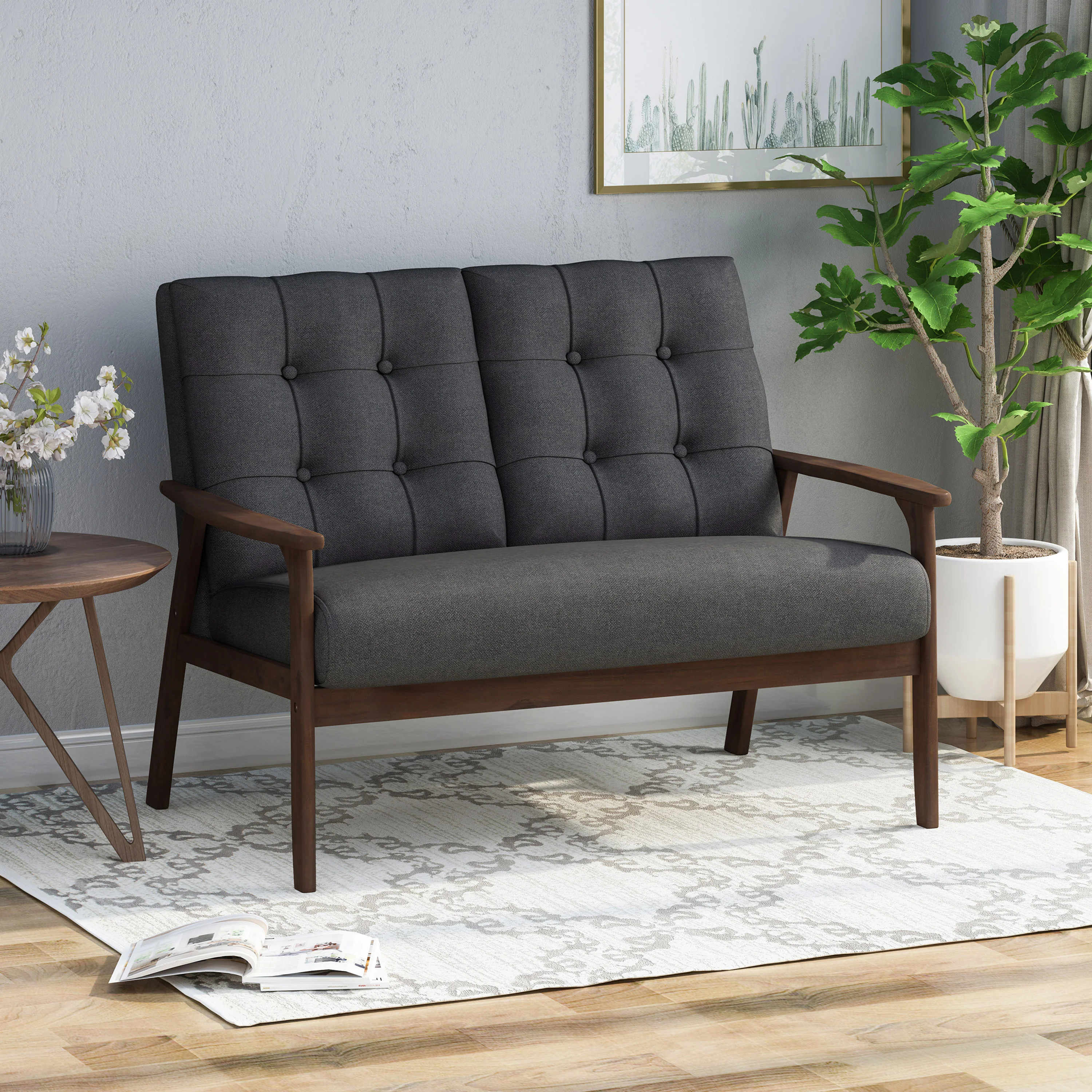 Samulle Mid Century Waffle Stitch Tufted Accent Loveseat with Rubberwood Legs - Black and Walnut Finish - furnishings