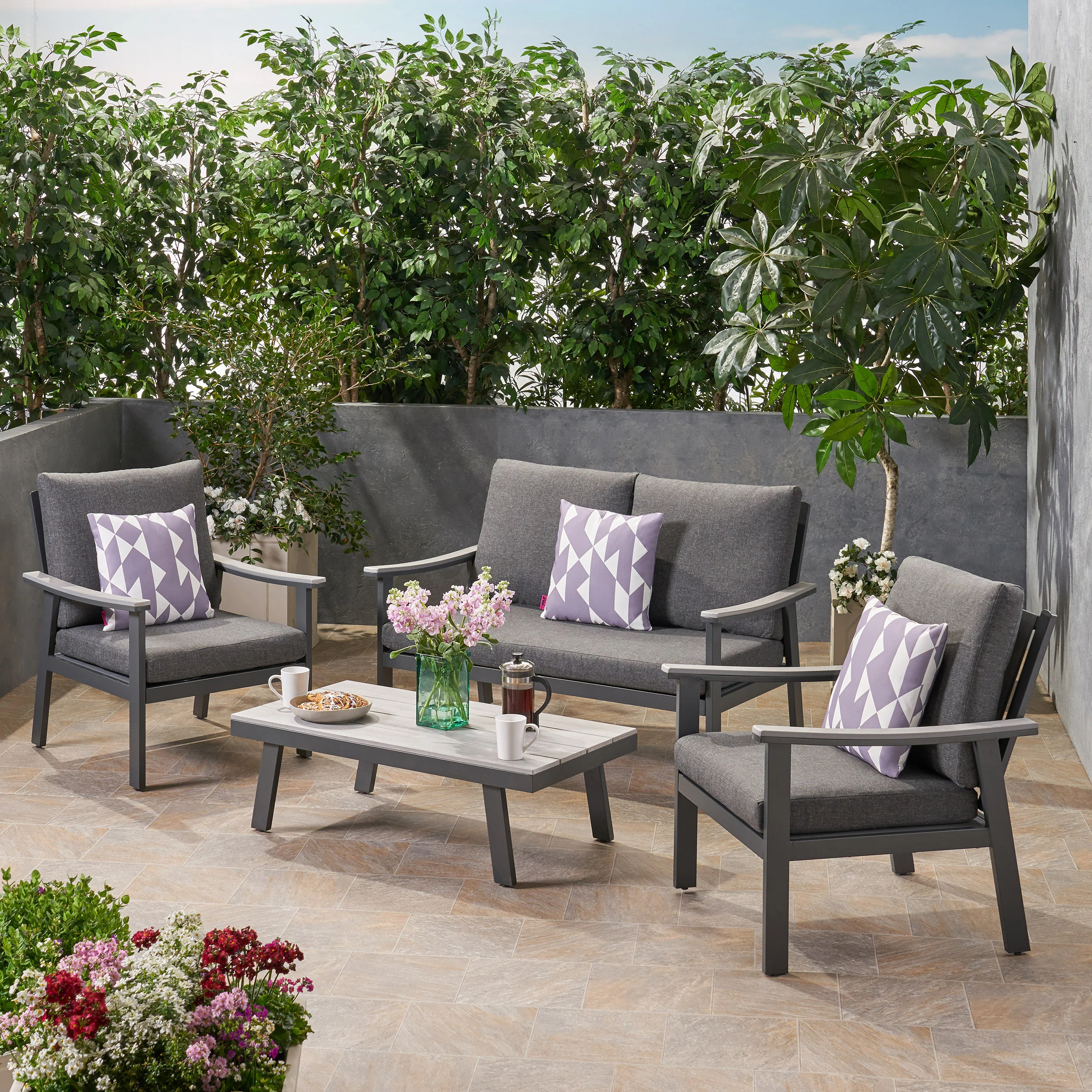 Mathias Outdoor 4 Piece Aluminum and Faux Wood Chat Set with Cushions - furnishings