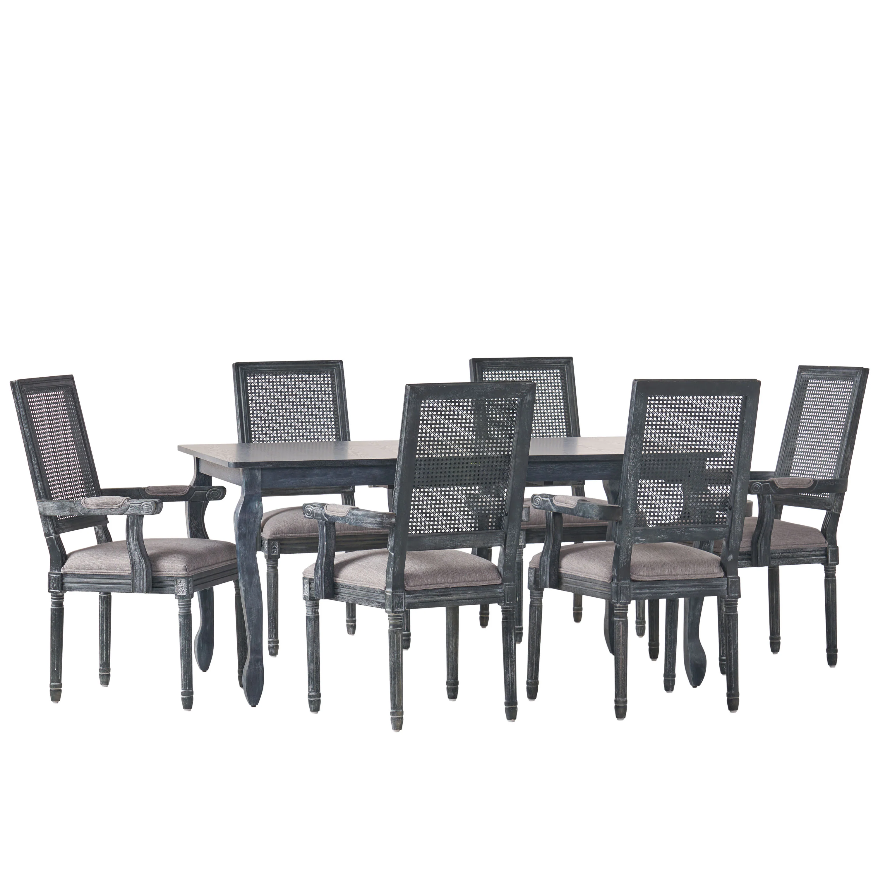 Regan French Country Fabric Upholstered Wood and Cane Expandable 7 Piece Dining Set - furnishings