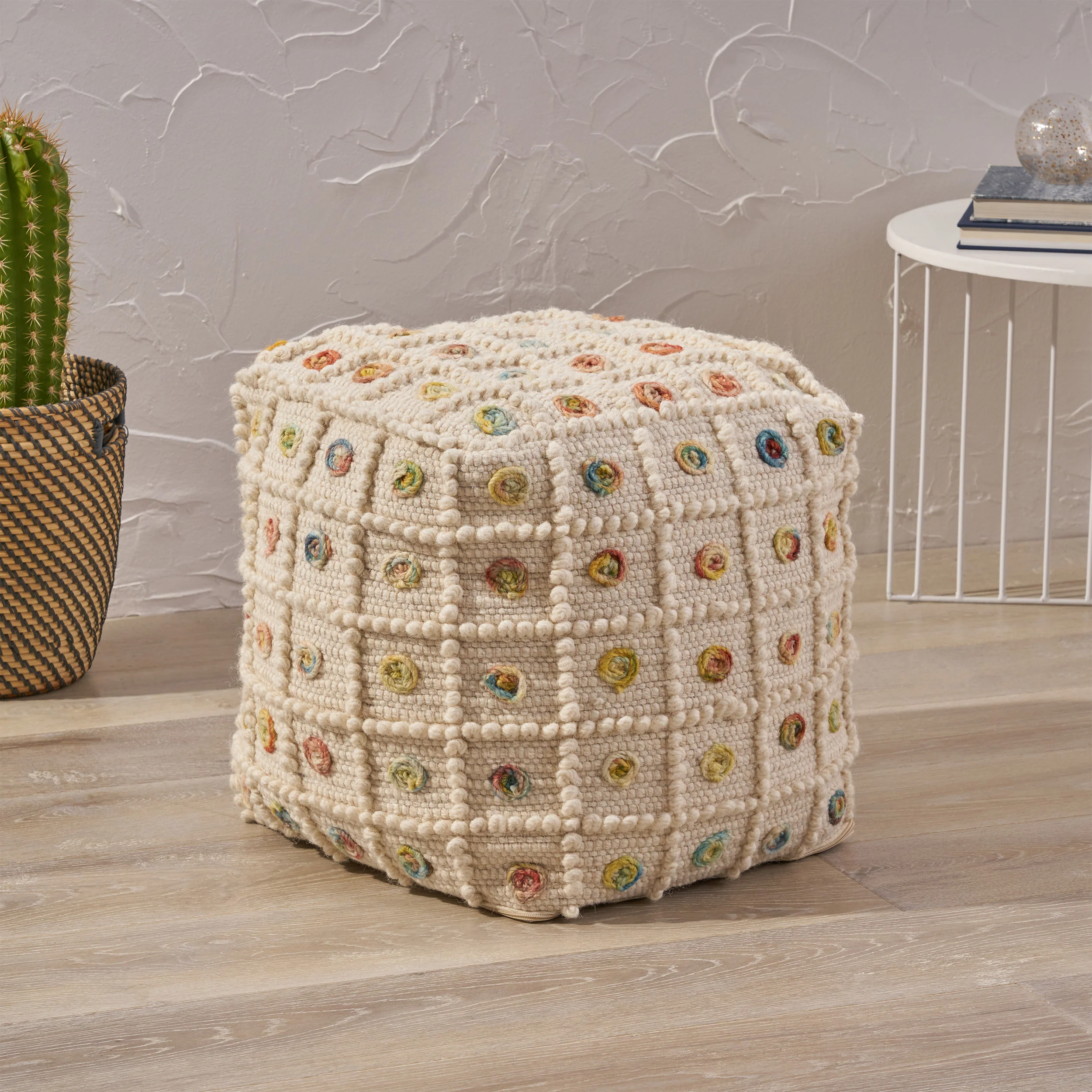 Jaceyon Boho Wool and Cotton Ottoman Pouf - furnishings