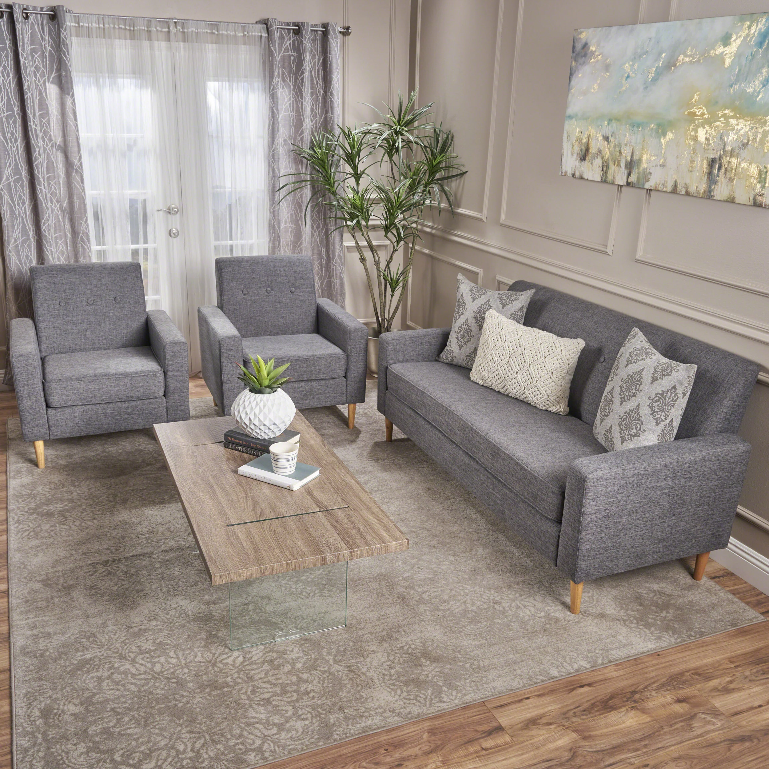 Stratford Mid-Century Modern 3-Piece Fabric Chairs & Sofa Living Room Set - furnishings