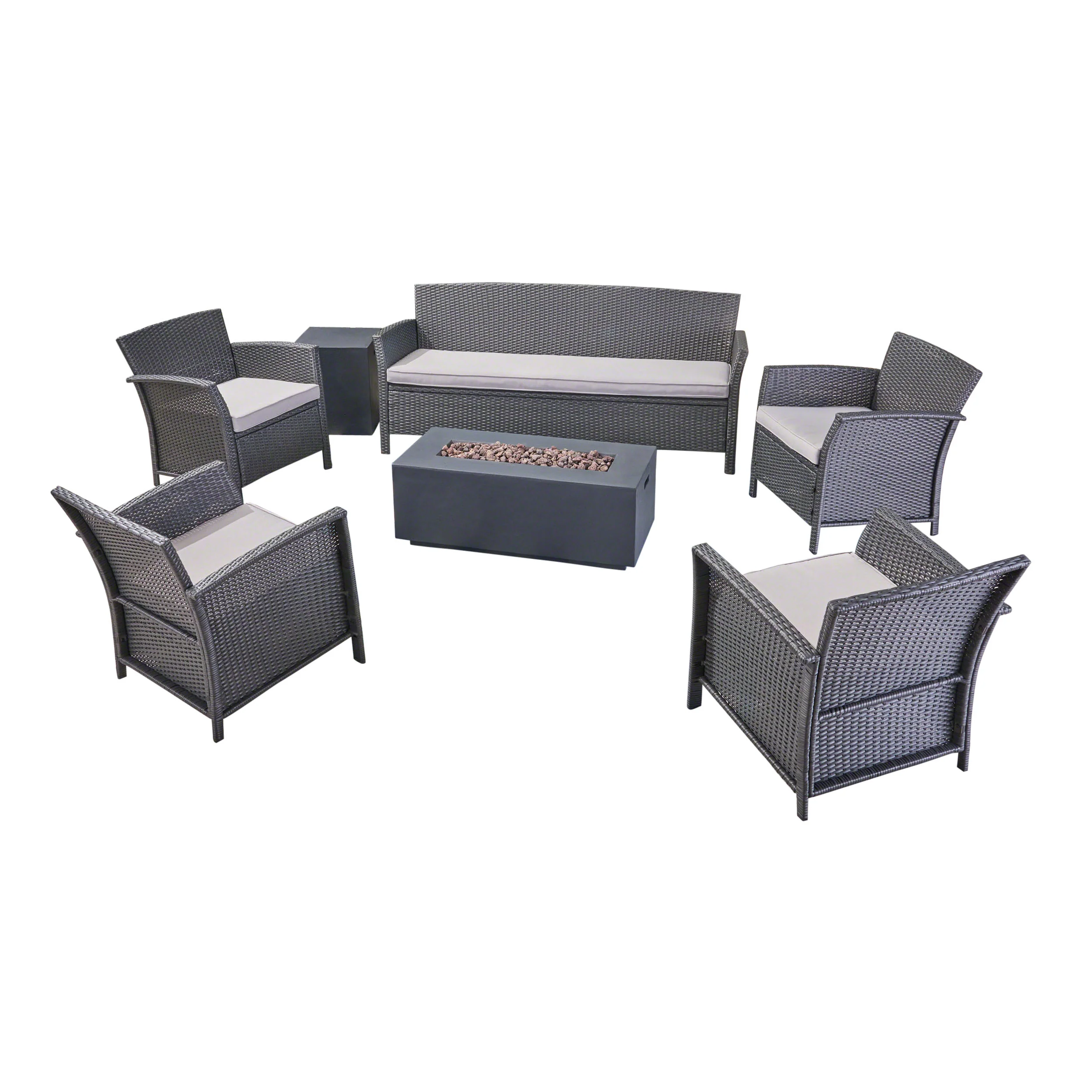 Mason Outdoor 7 Seater Wicker Chat Set with Fire Pit, Gray and Dark Gray - furnishings