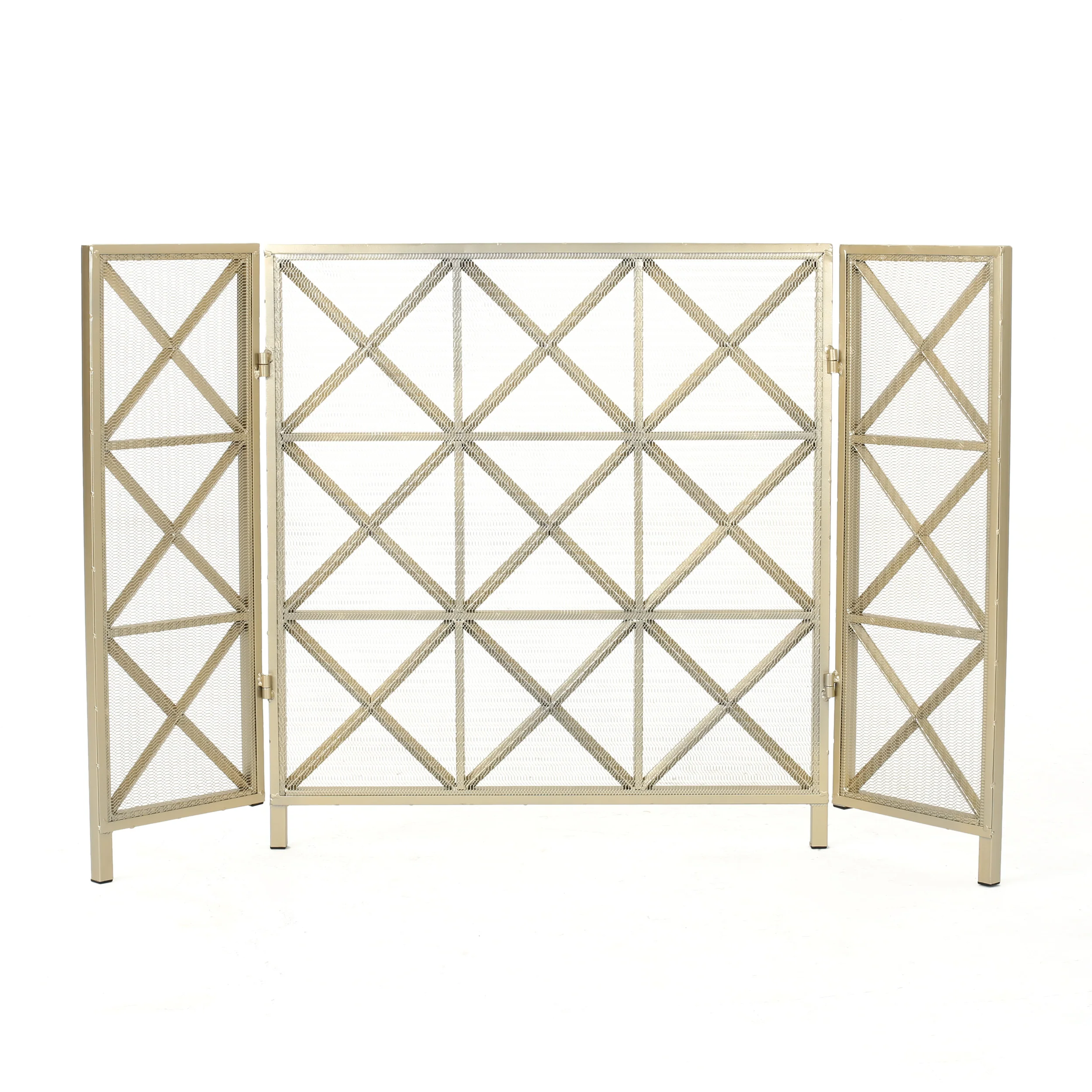 Mandralla Modern 3-Panel Iron Fireplace Screen with Cross Hatch Pattern - furnishings