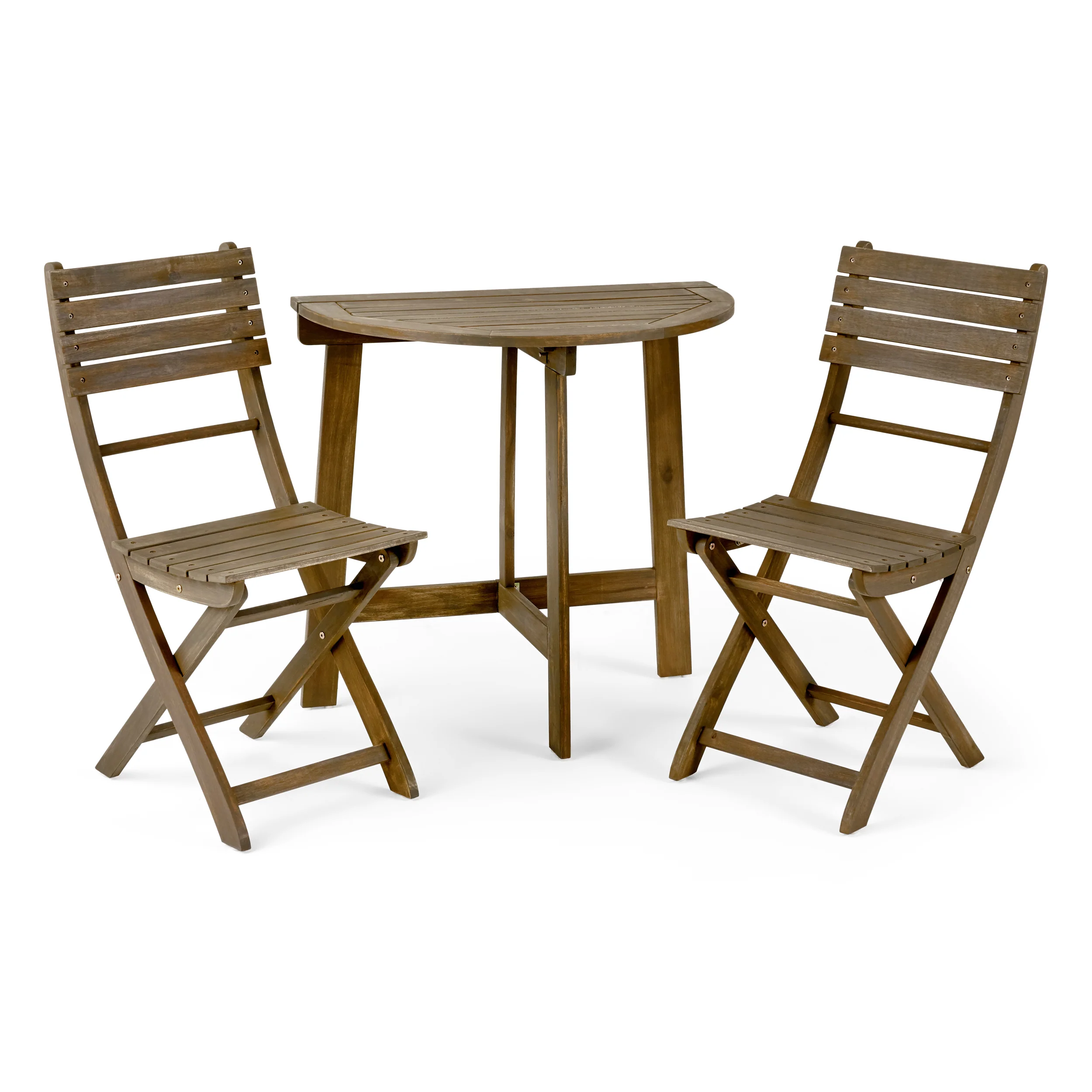 Sophia Outdoor 2 Seater Half-Round Acacia Wood Bistro Table Set with Folding Chairs - furnishings