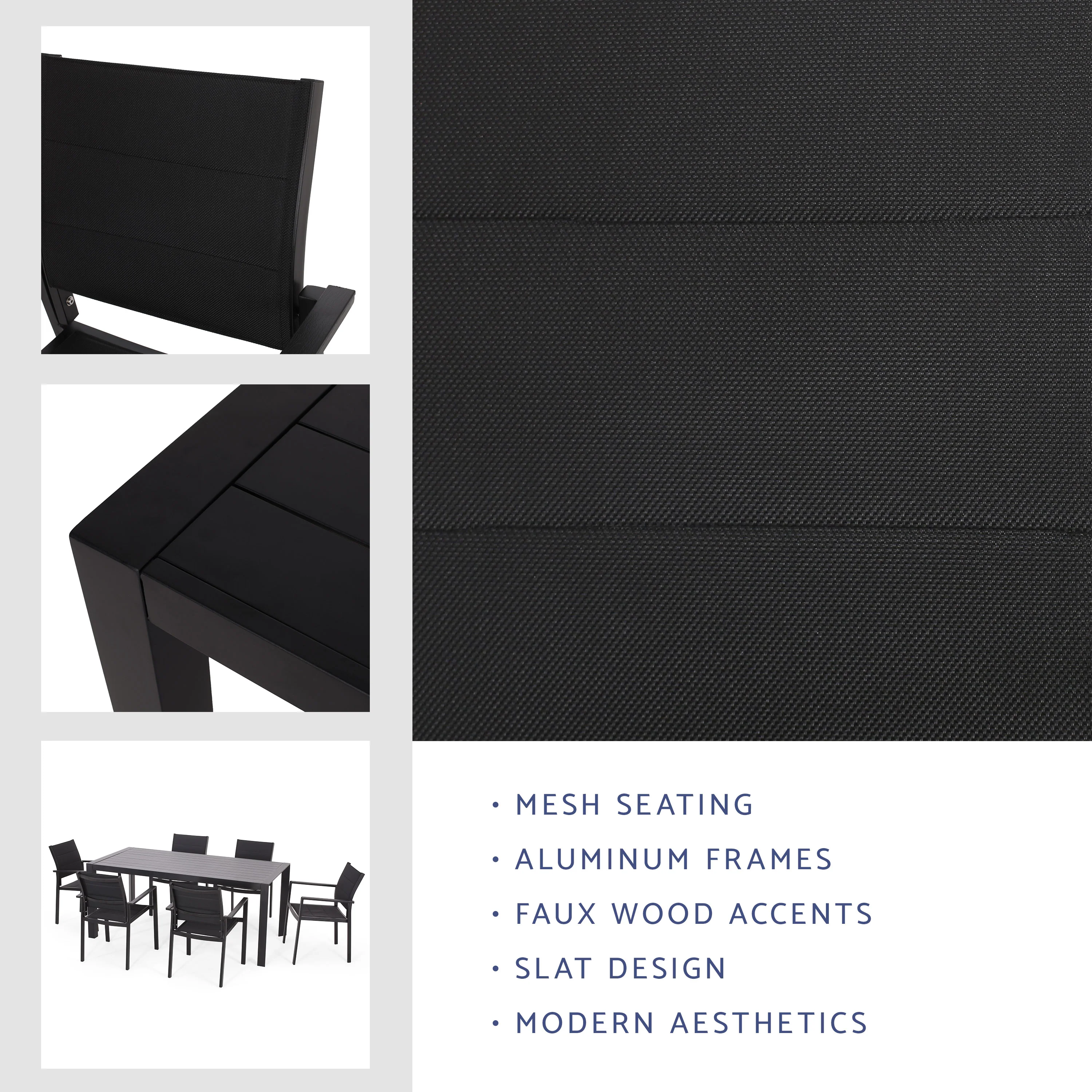 Bellomy Outdoor Mesh and Aluminum 7 Piece Dining Set, Black - furnishings