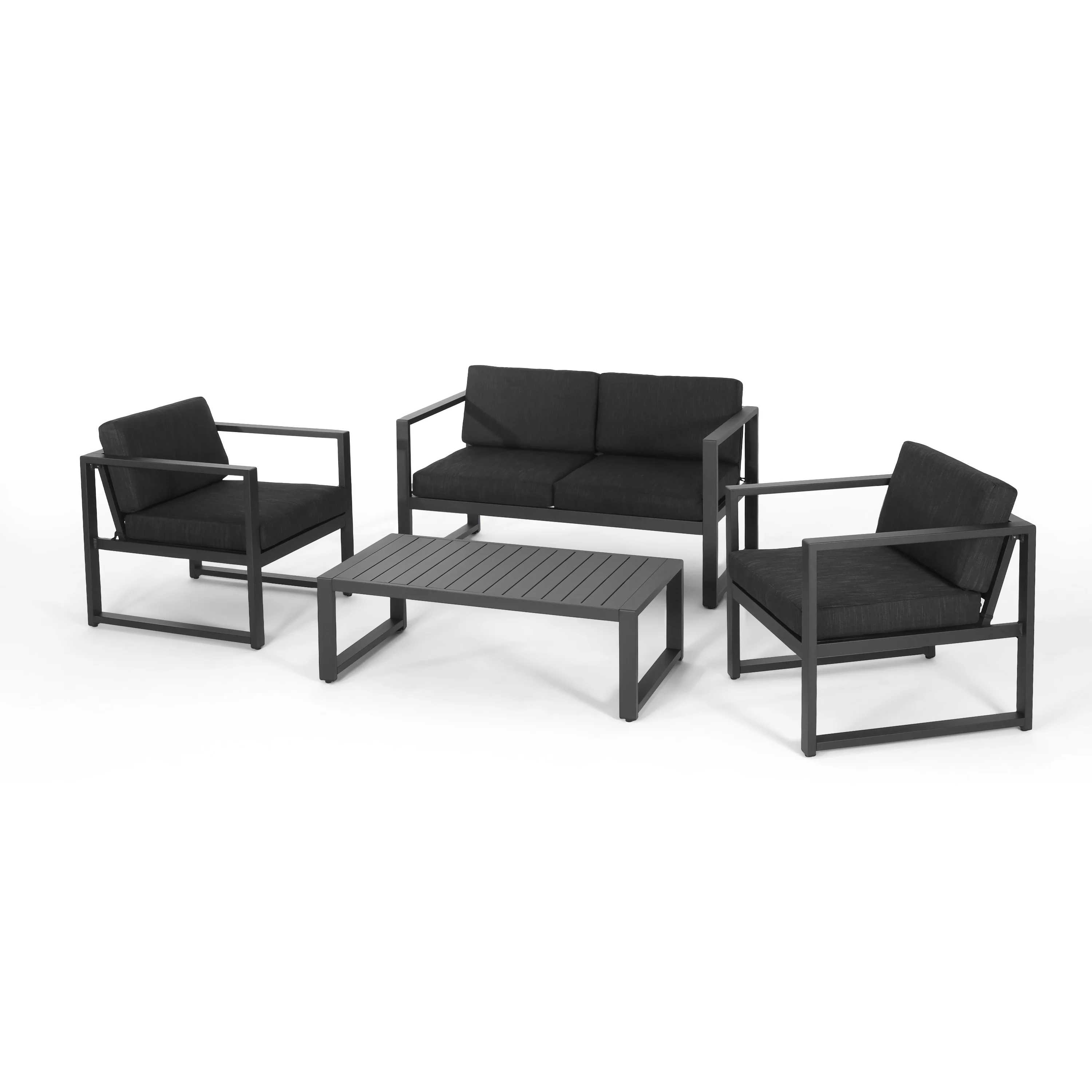 Nealie Modern Outdoor 4-Piece Dark Gray Aluminum Chat Set with Cushions - furnishings