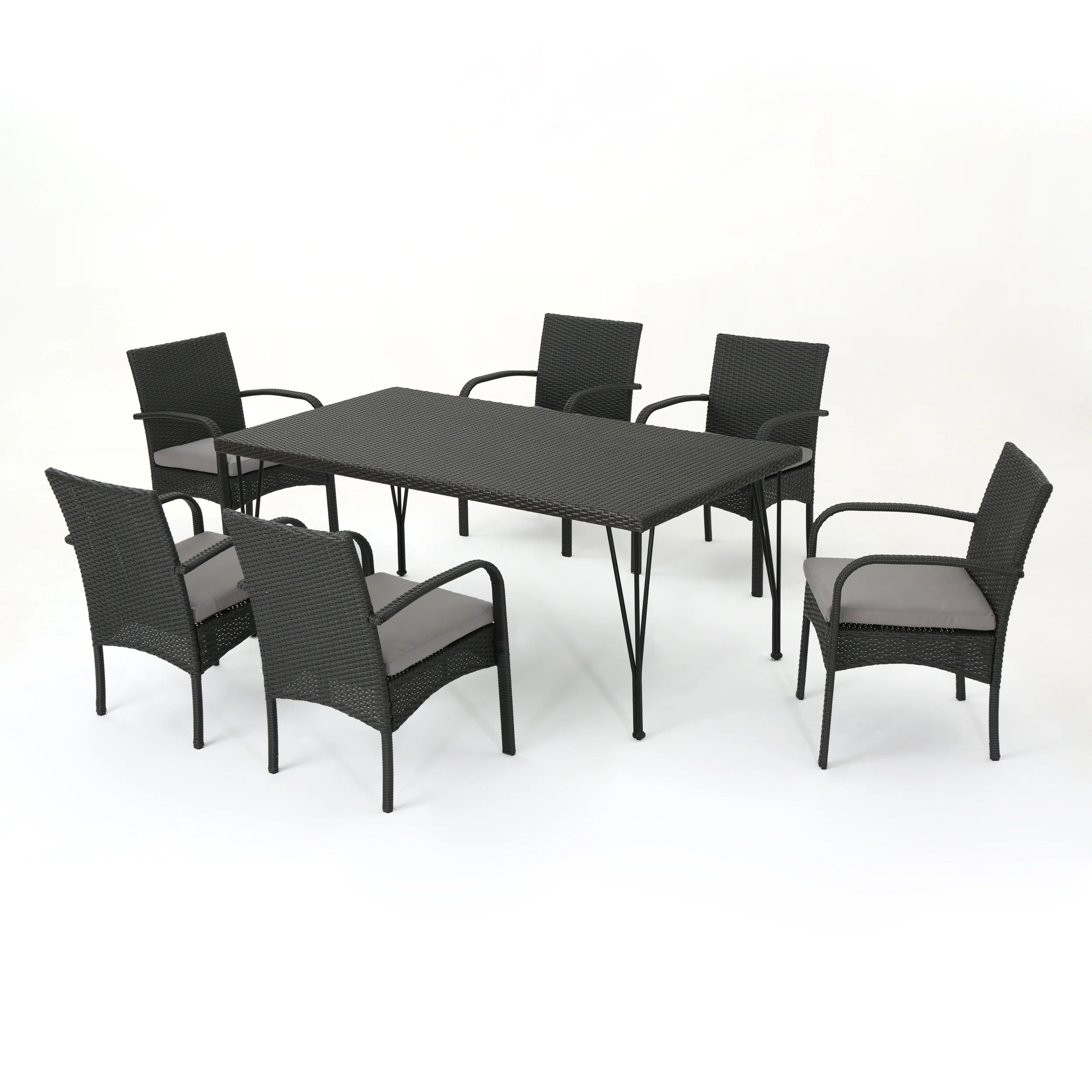 Kari Outdoor 7 Piece Wicker Rectangular Dining Set with Water Resistant Cushions - furnishings