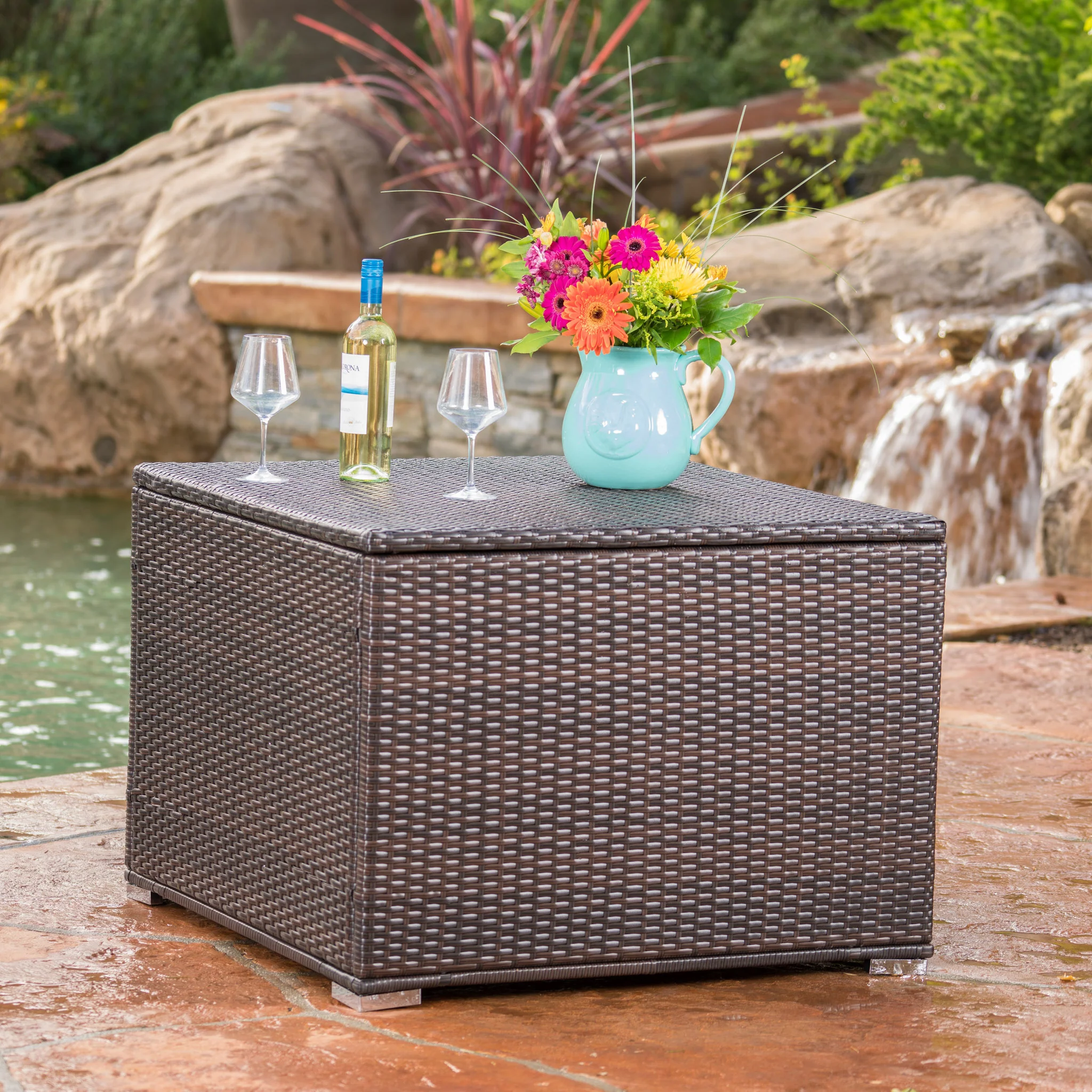 San Louis Obispo Outdoor Square Multi-Brown Wicker Storage Box w/ Zipped Lining - furnishings