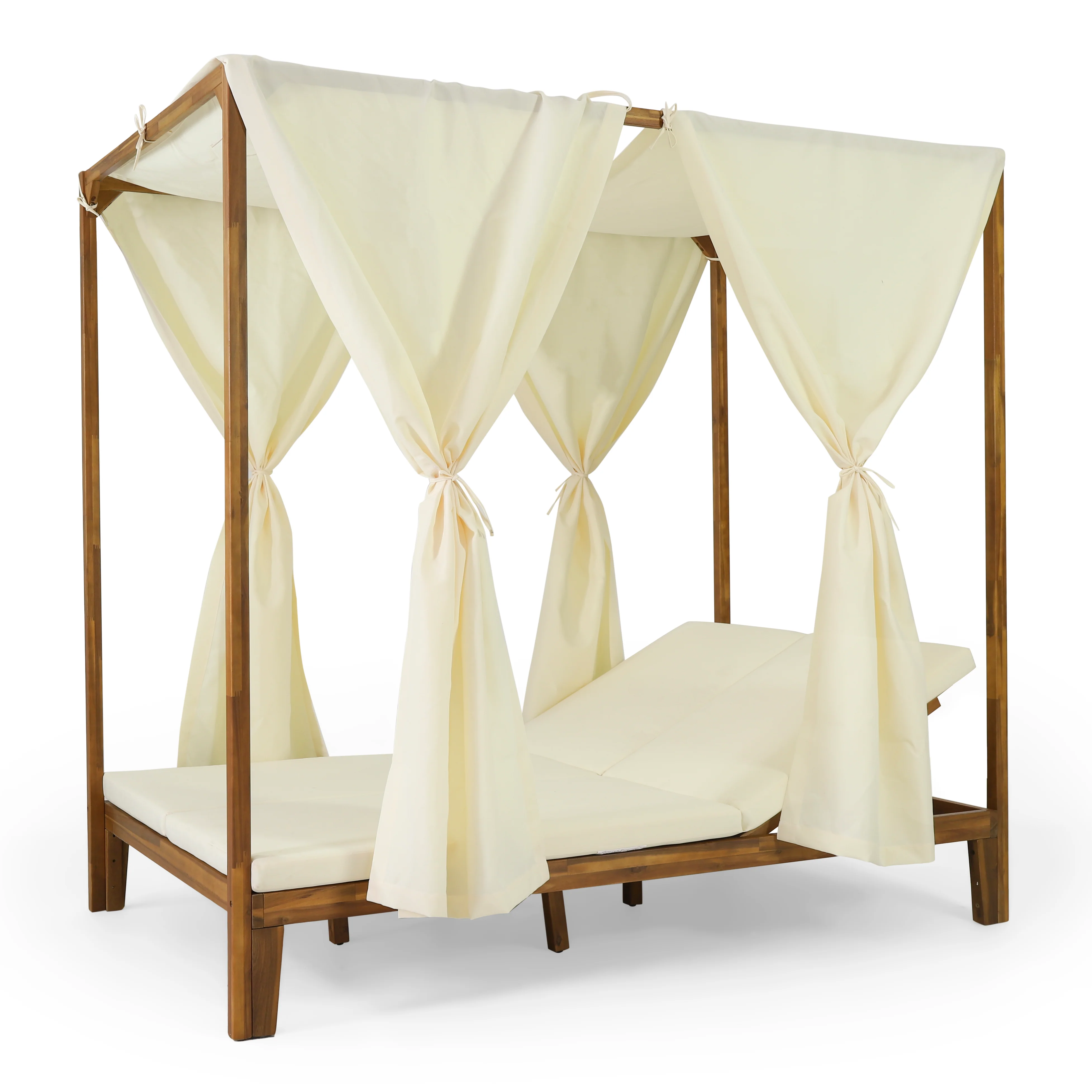 Leaverton Outdoor 2 Seater Adjustable Acacia Wood Daybed with Curtains - furnishings