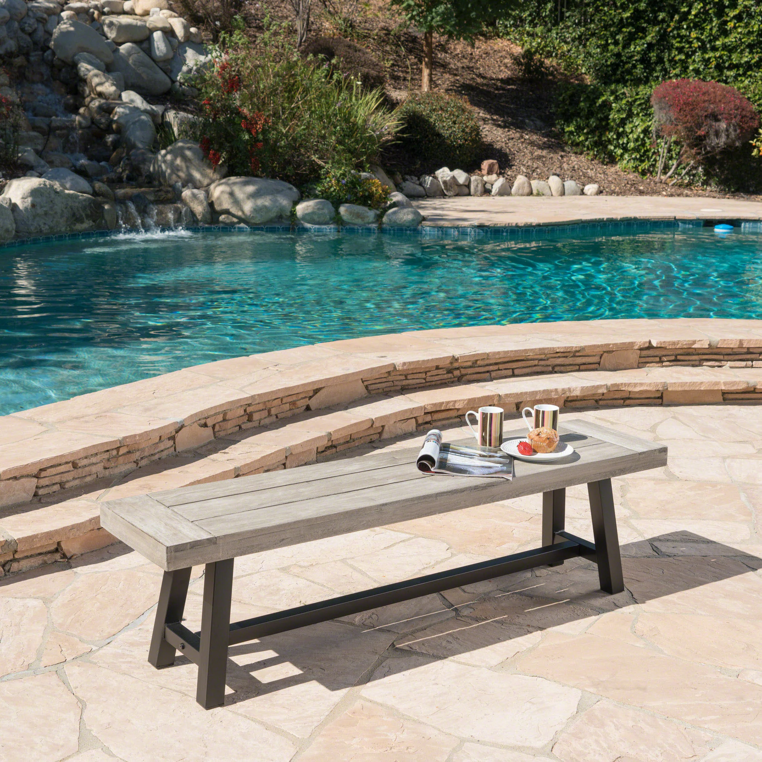 Bowman Outdoor Acacia Wood Dining Bench with Rustic Metal Finish Frame - furnishings