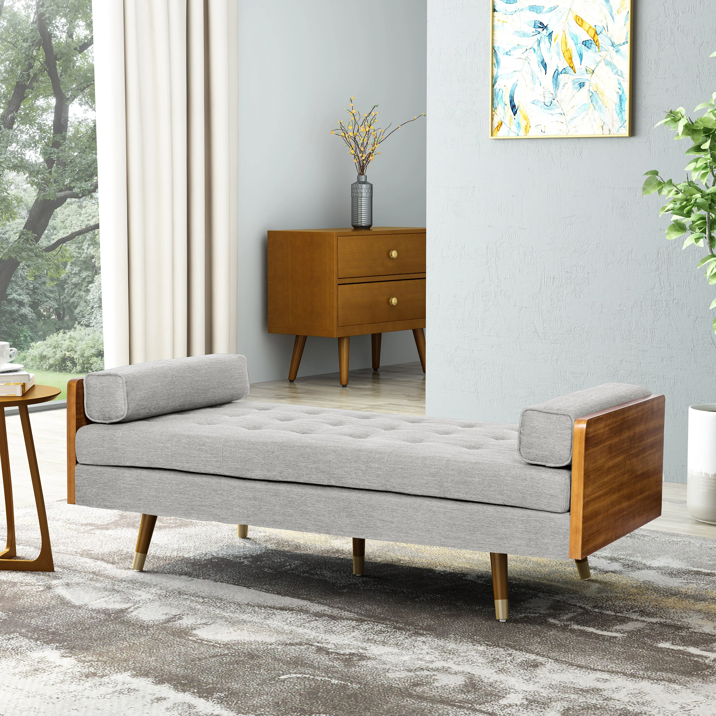 Tiltonsville Mid-Century Modern Tufted Double End Chaise Lounge with Bolster Pillows - furnishings