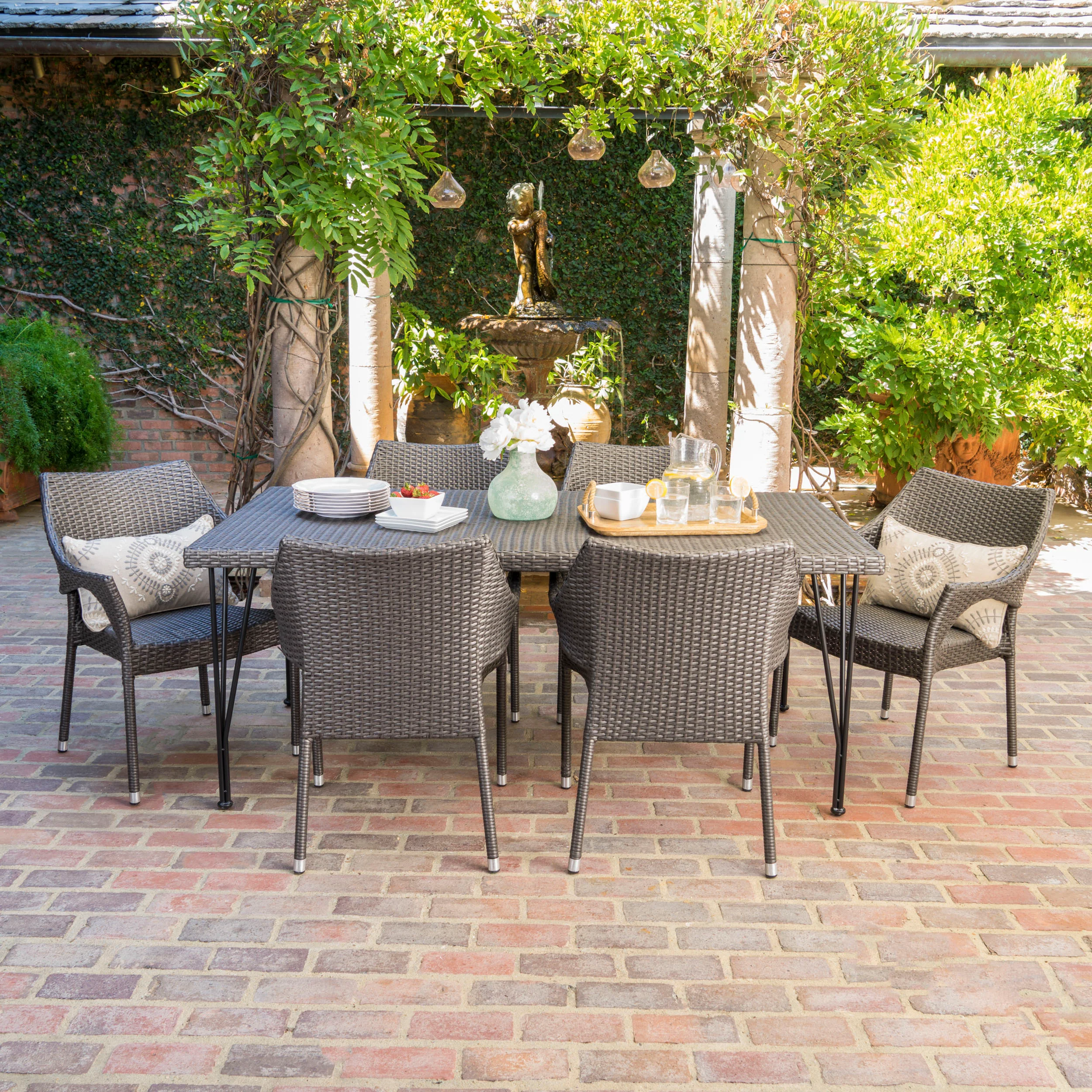 Durango Outdoor 7 Piece Gray Wicker Rectangular Dining Set with Stacking Chairs - furnishings