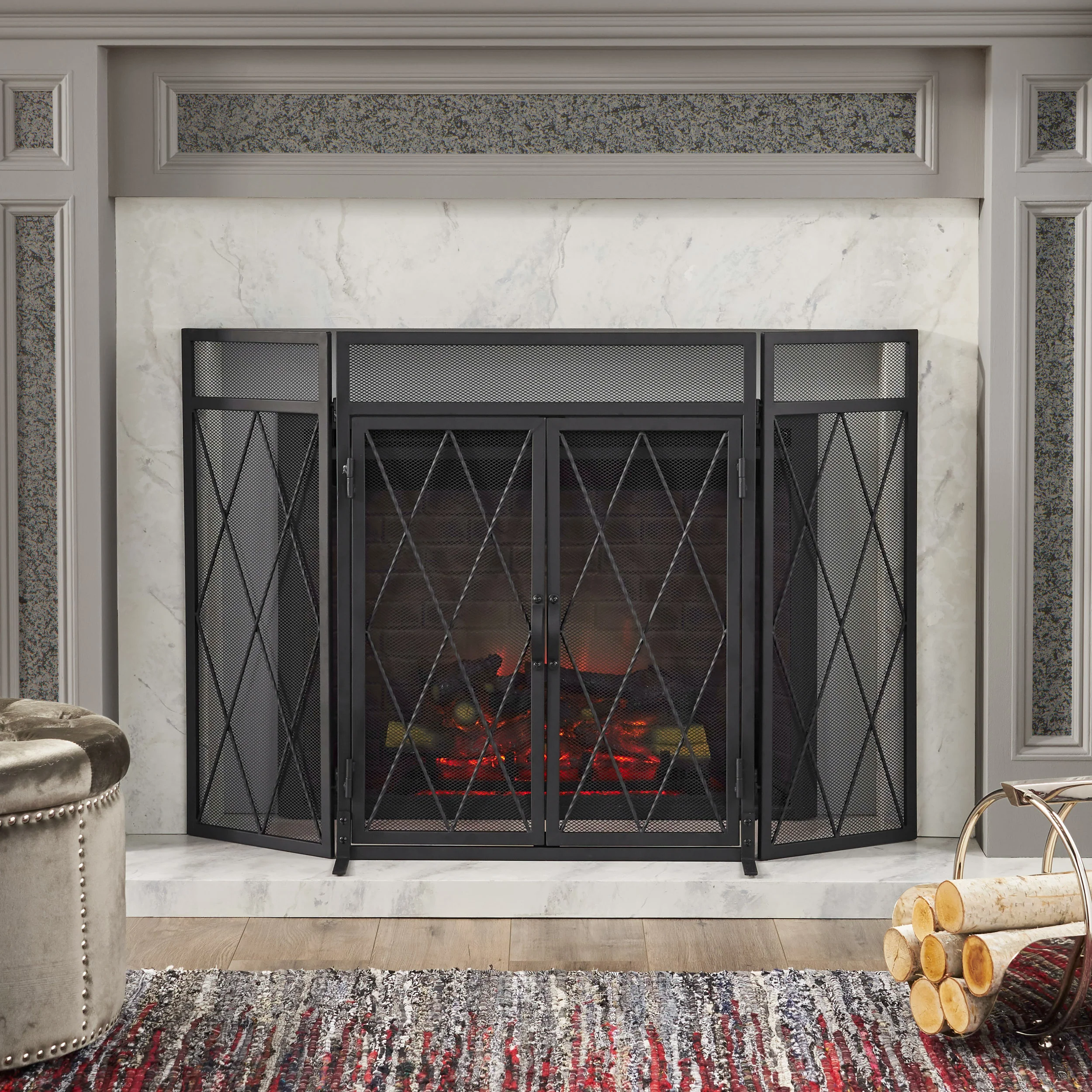 Kyomi Modern Iron Folding Fireplace Screen with Door - furnishings