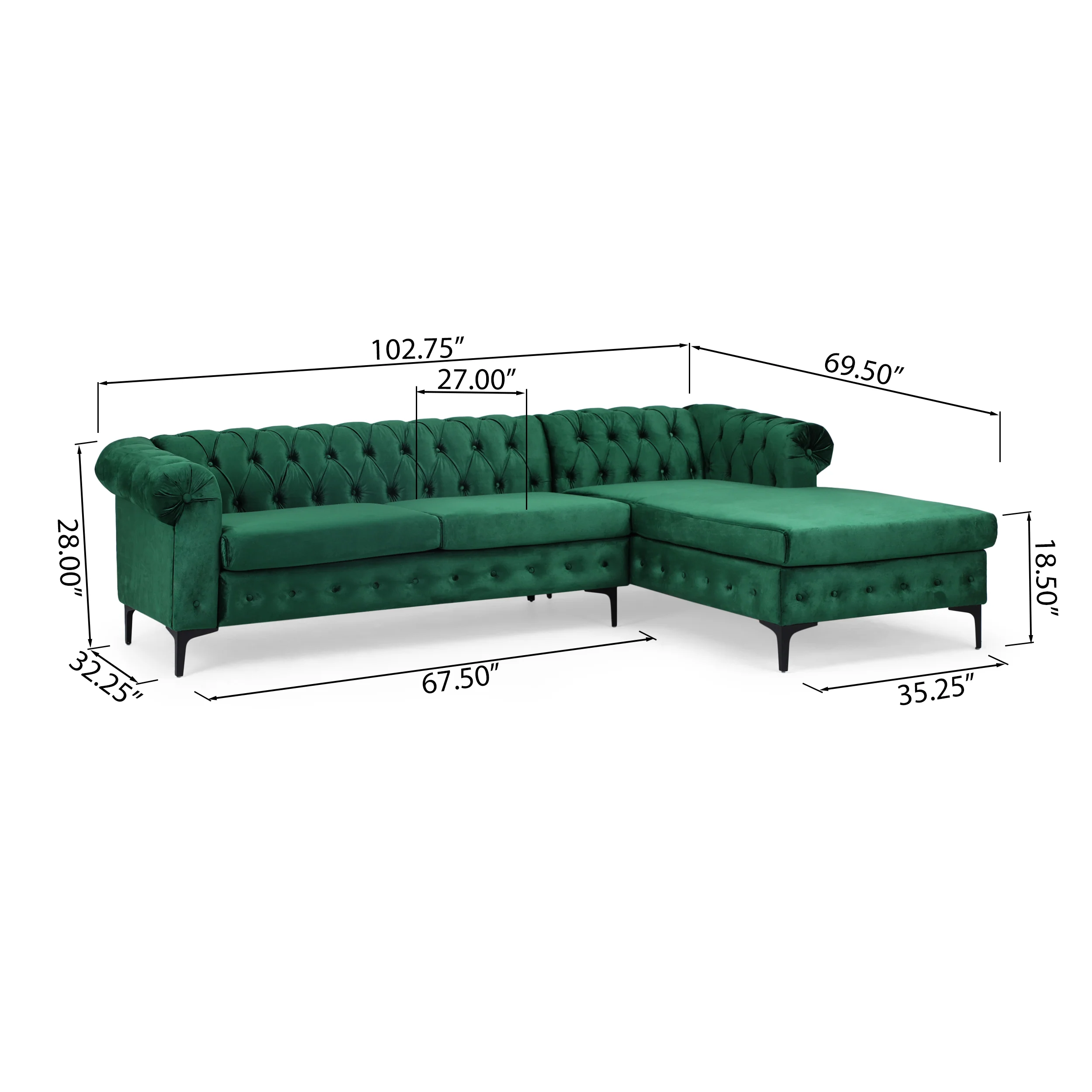 Juelz Contemporary Velvet 3 Seater Sectional Sofa with Chaise Lounge - furnishings