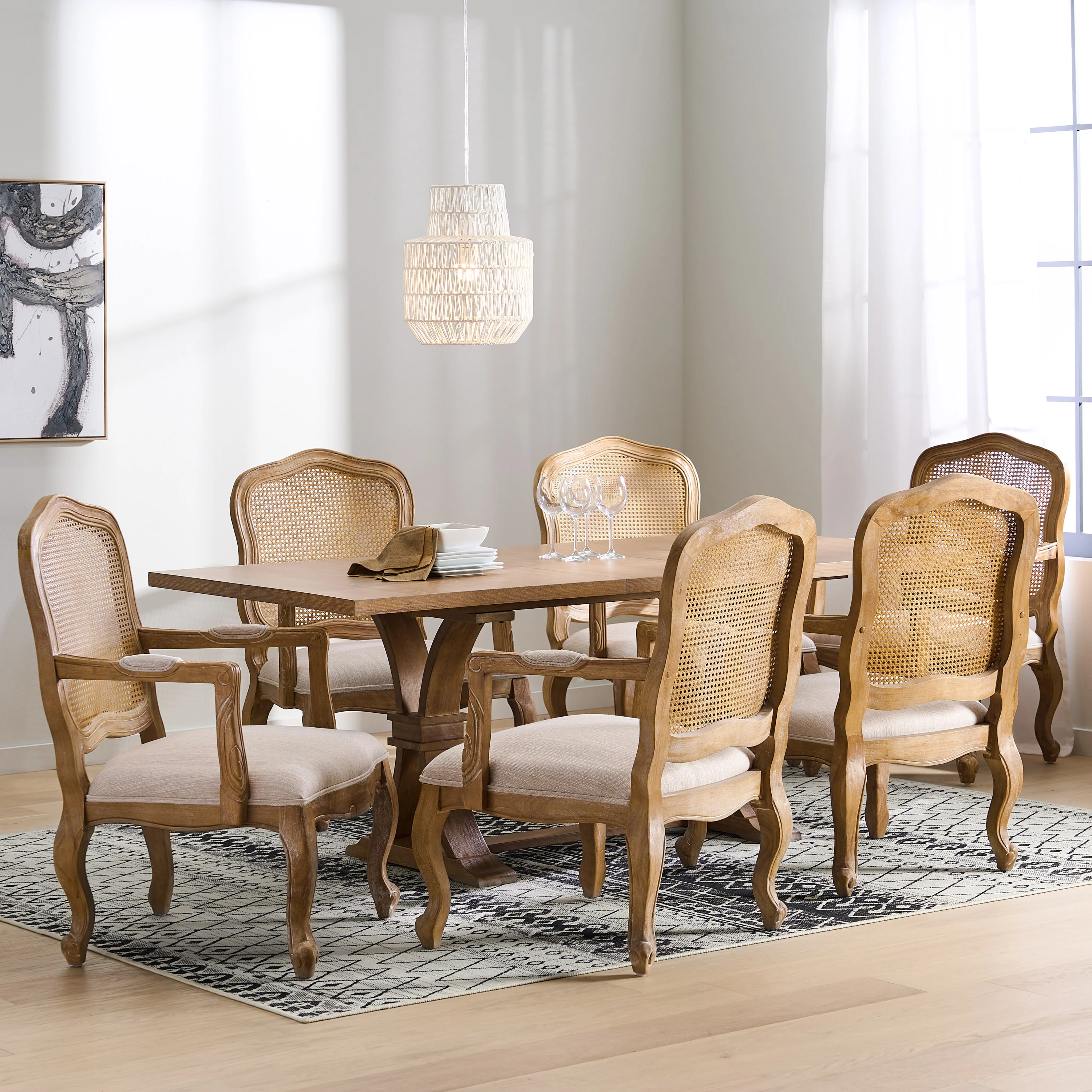 Biorn French Country Wood and Cane 7-Piece Expandable Dining Set - furnishings