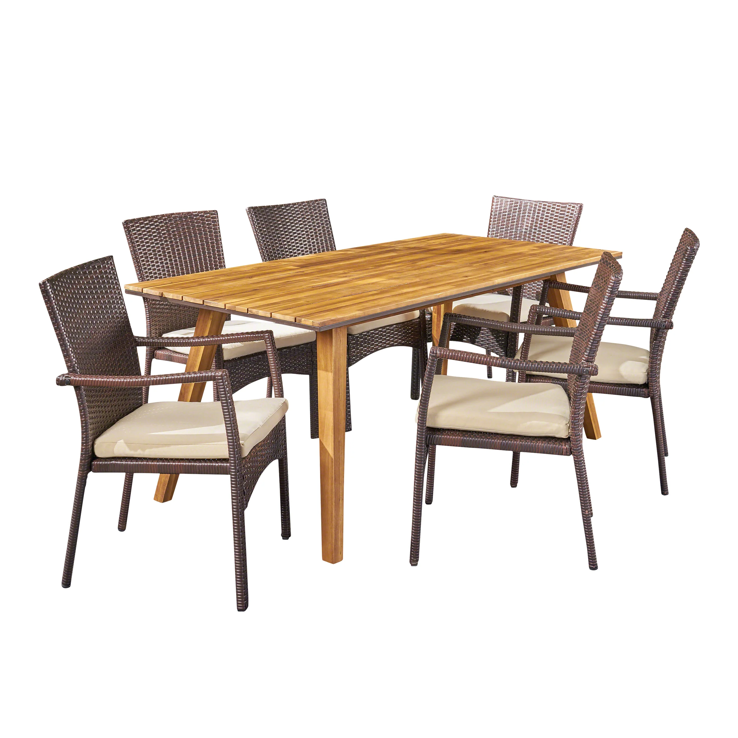 Michaelia Outdoor 7 Piece Acacia Wood Dining Set with Wicker Chairs, Teak and Brown and Cream - furnishings