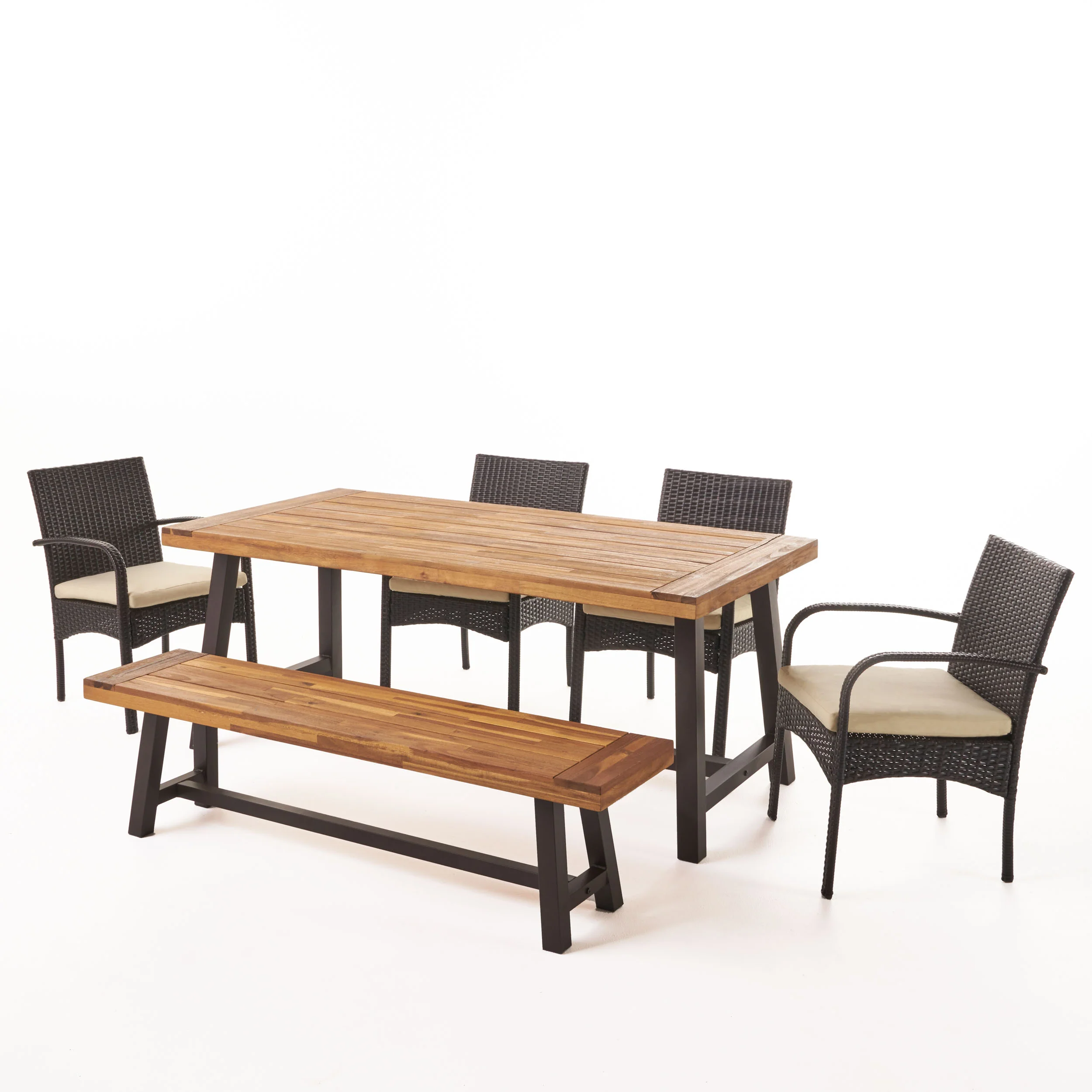 Fawm Outdoor 6 Piece Iron and Wood Dining Set with 4 Wicker Dining Chairs - furnishings