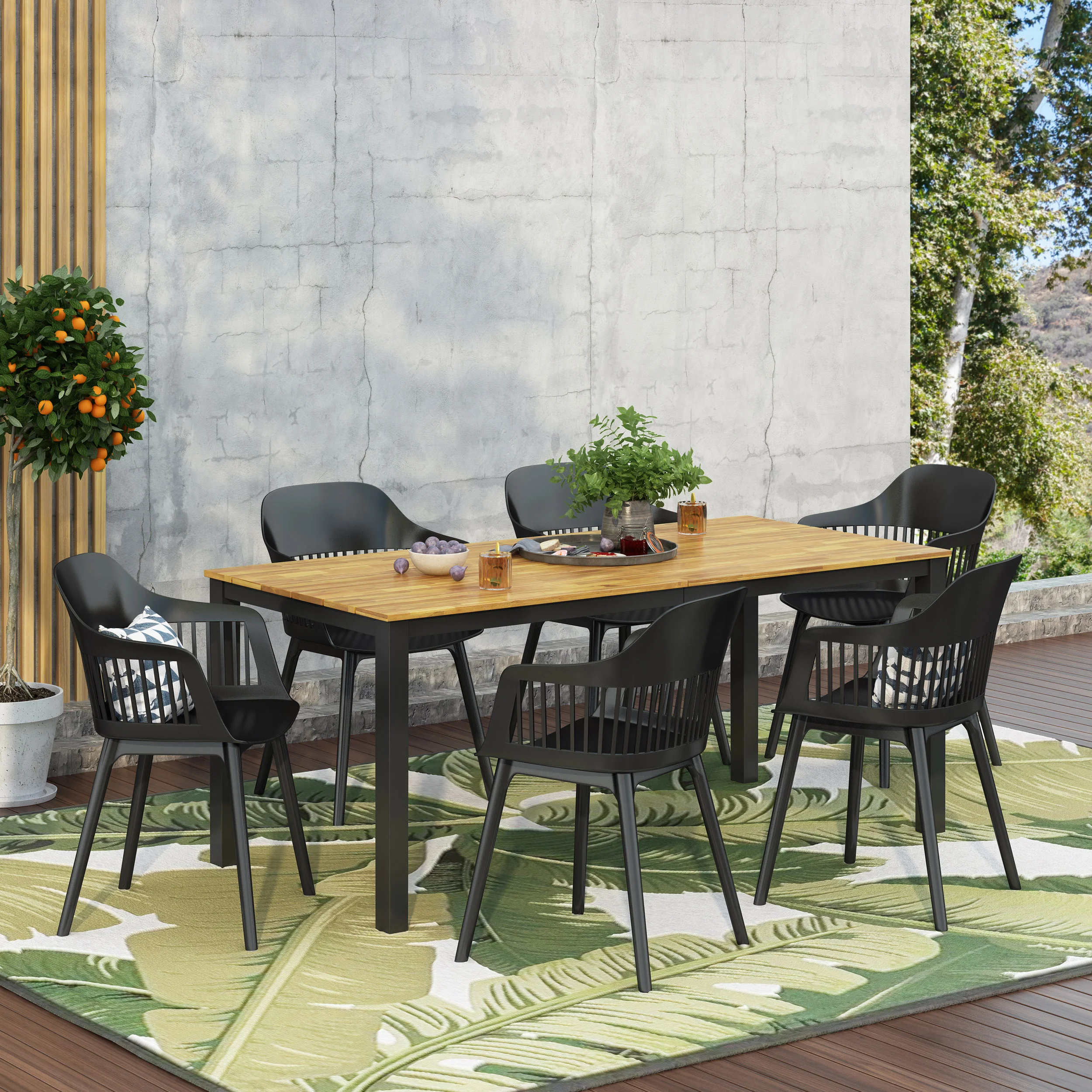 Furman Outdoor Wood and Resin 7 Piece Dining Set, Black and Teak - furnishings
