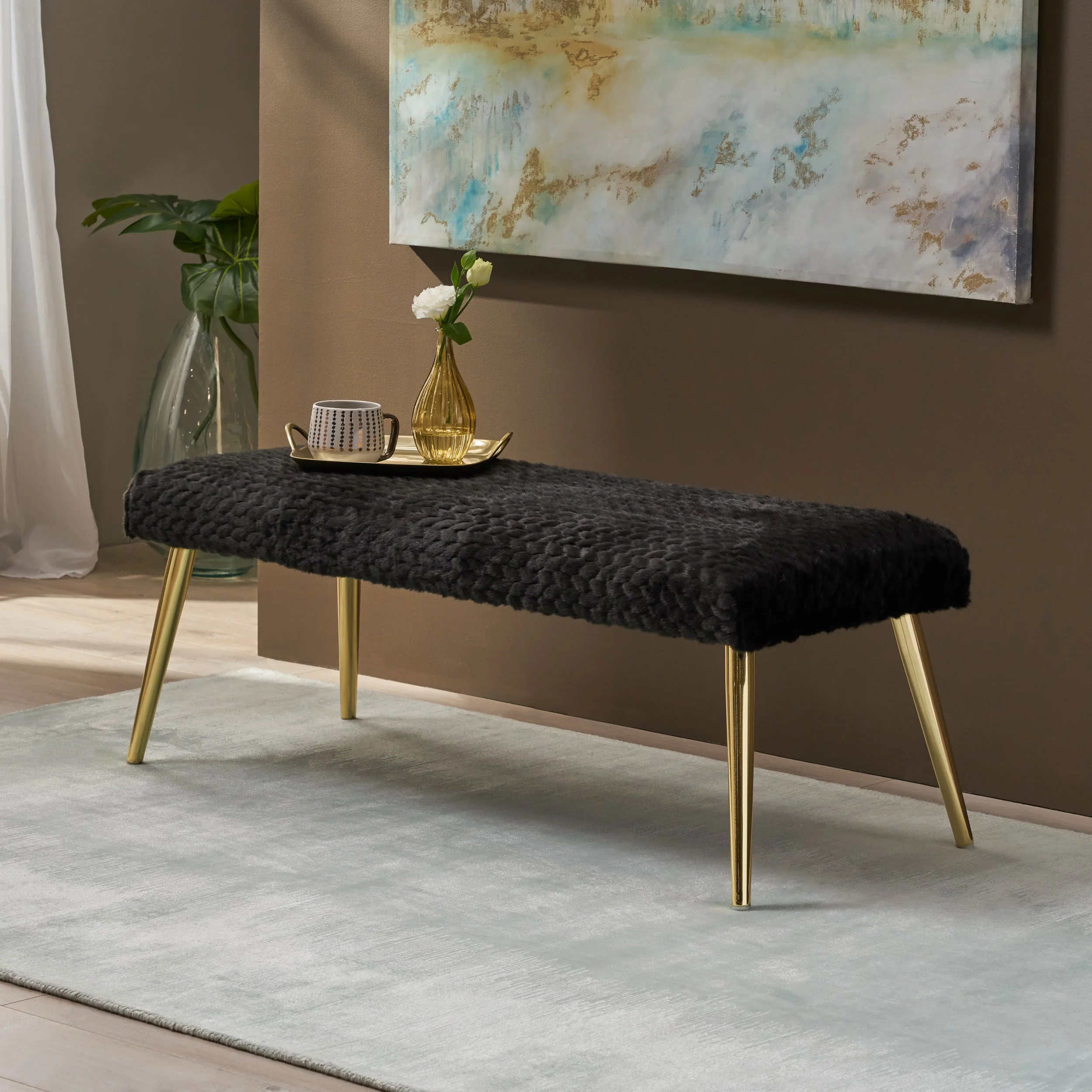 Indira Patterned Faux Fur Bench - furnishings