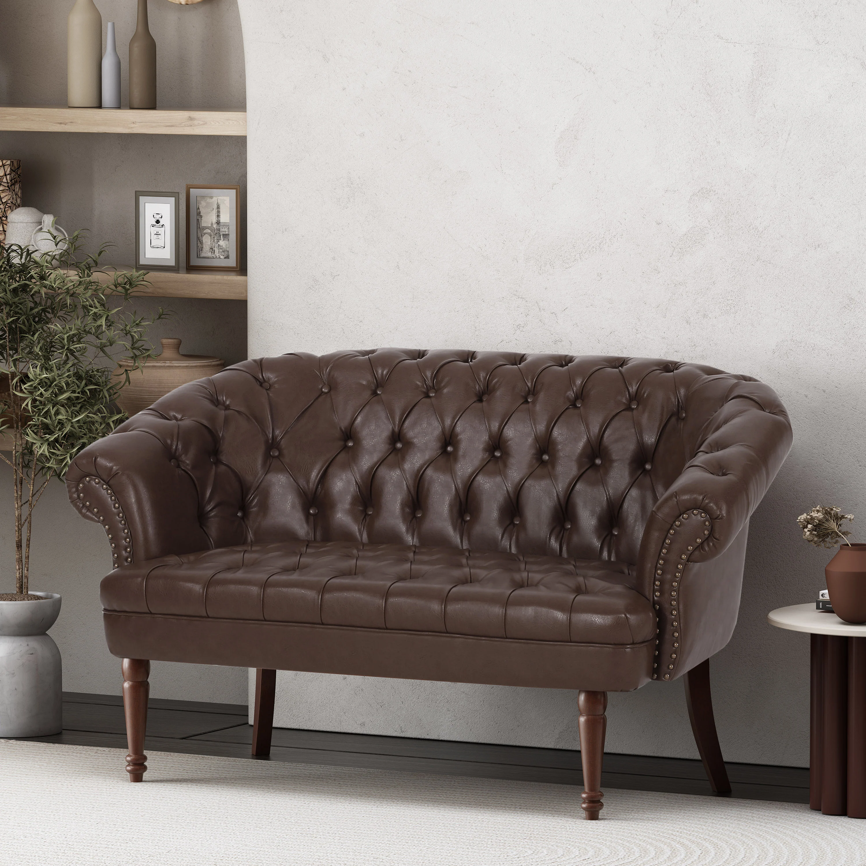 Trask Contemporary Leather Tufted Loveseat with Nailhead Trim - furnishings