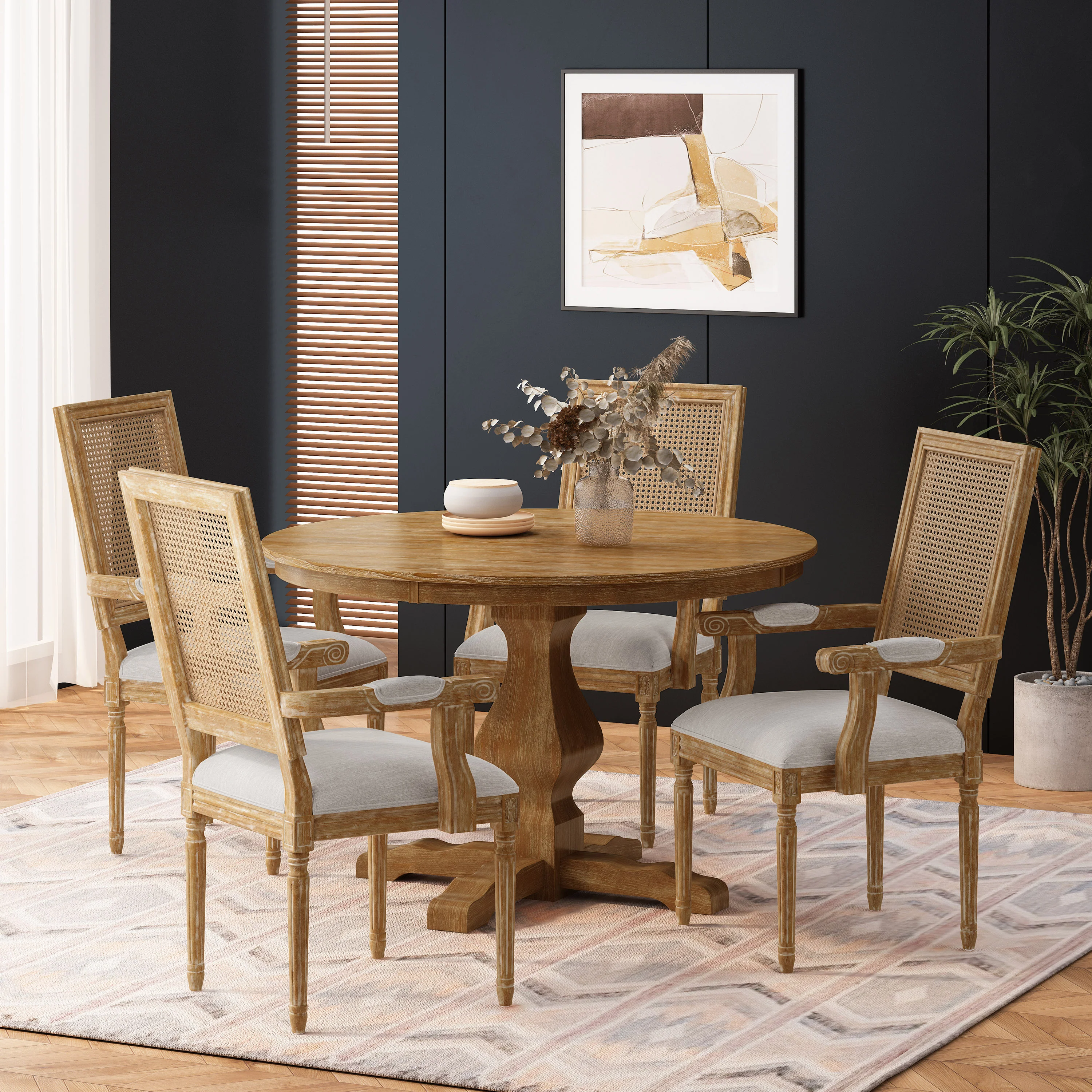 Joretta French Country Fabric Upholstered Wood and Cane 5 Piece Circular Dining Set - furnishings